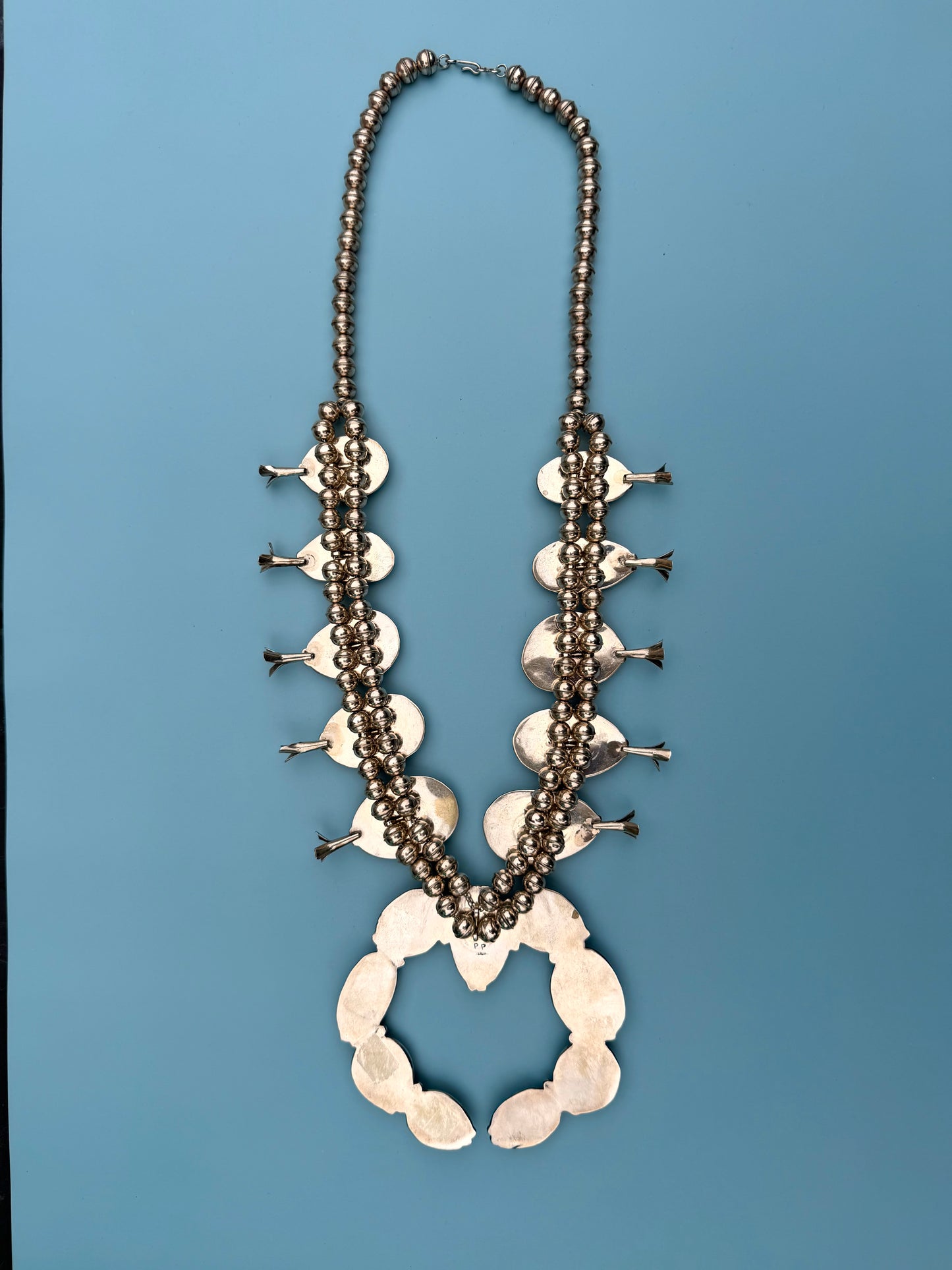 "PP" Patricia Paterson Green Turquoise & Sterling Silver Squash Blossom Set With Necklace, Earrings, Size 8.5 Ring & Cuff