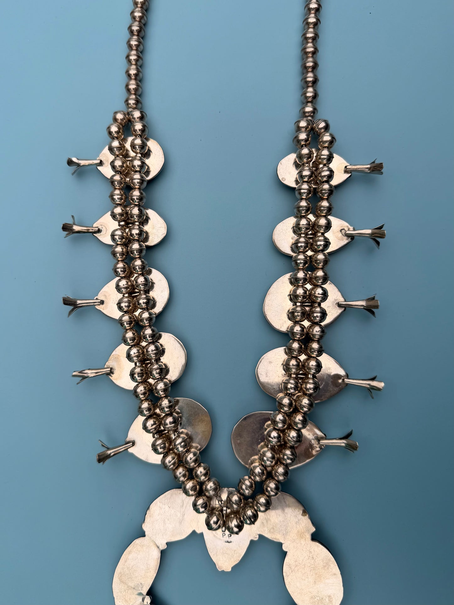 "PP" Patricia Paterson Green Turquoise & Sterling Silver Squash Blossom Set With Necklace, Earrings, Size 8.5 Ring & Cuff