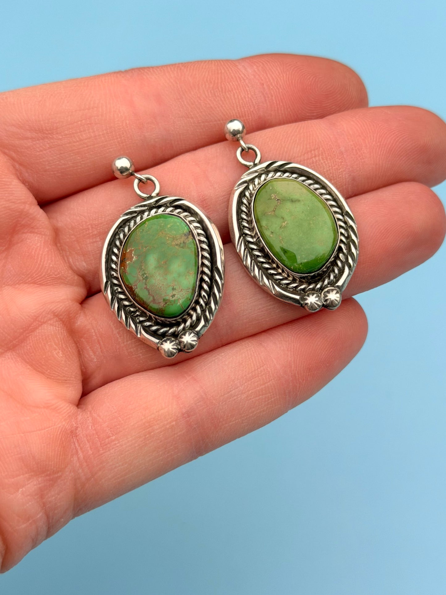 "PP" Patricia Paterson Green Turquoise & Sterling Silver Squash Blossom Set With Necklace, Earrings, Size 8.5 Ring & Cuff