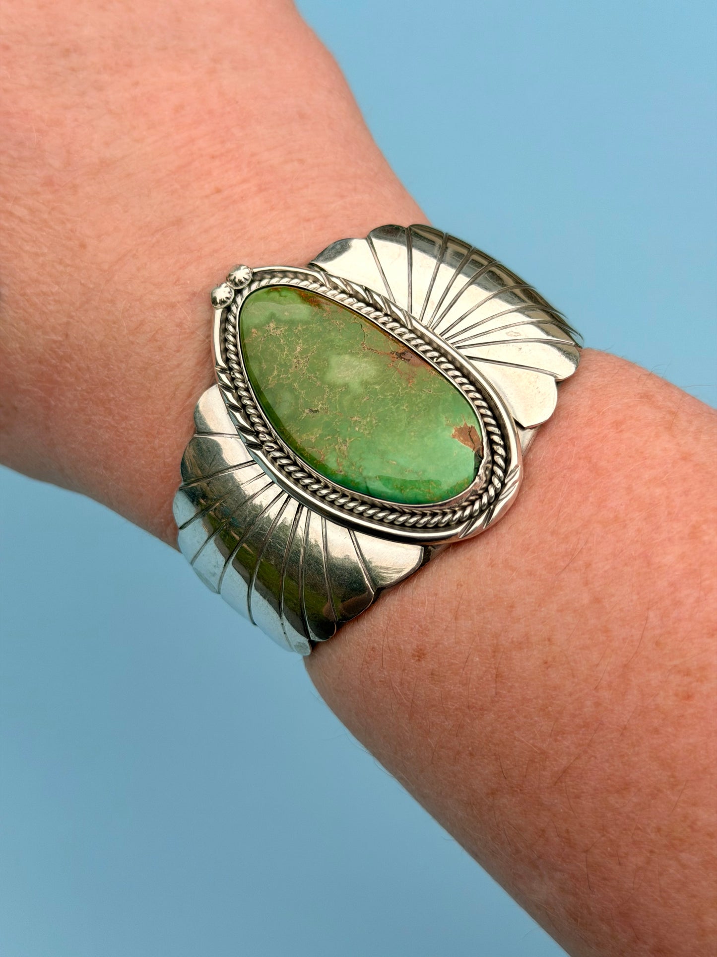 "PP" Patricia Paterson Green Turquoise & Sterling Silver Squash Blossom Set With Necklace, Earrings, Size 8.5 Ring & Cuff