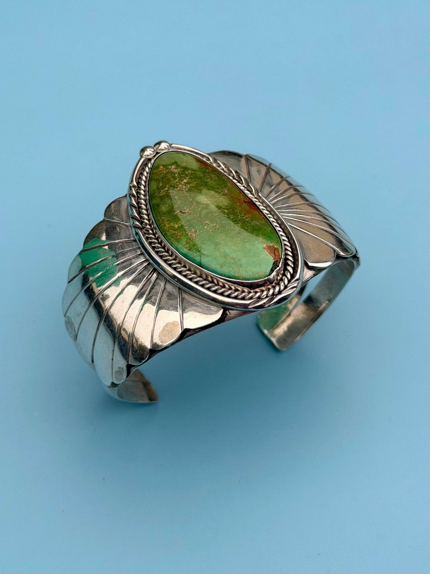 "PP" Patricia Paterson Green Turquoise & Sterling Silver Squash Blossom Set With Necklace, Earrings, Size 8.5 Ring & Cuff