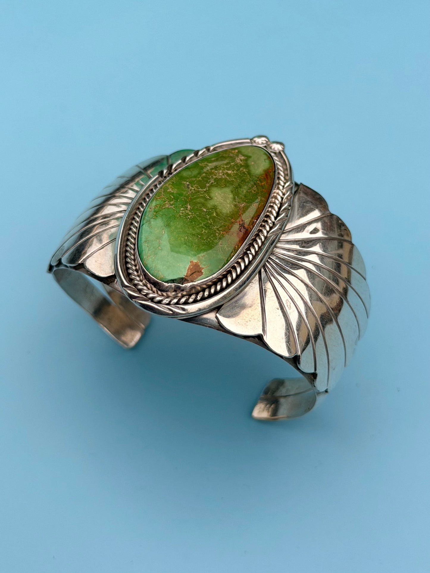 "PP" Patricia Paterson Green Turquoise & Sterling Silver Squash Blossom Set With Necklace, Earrings, Size 8.5 Ring & Cuff