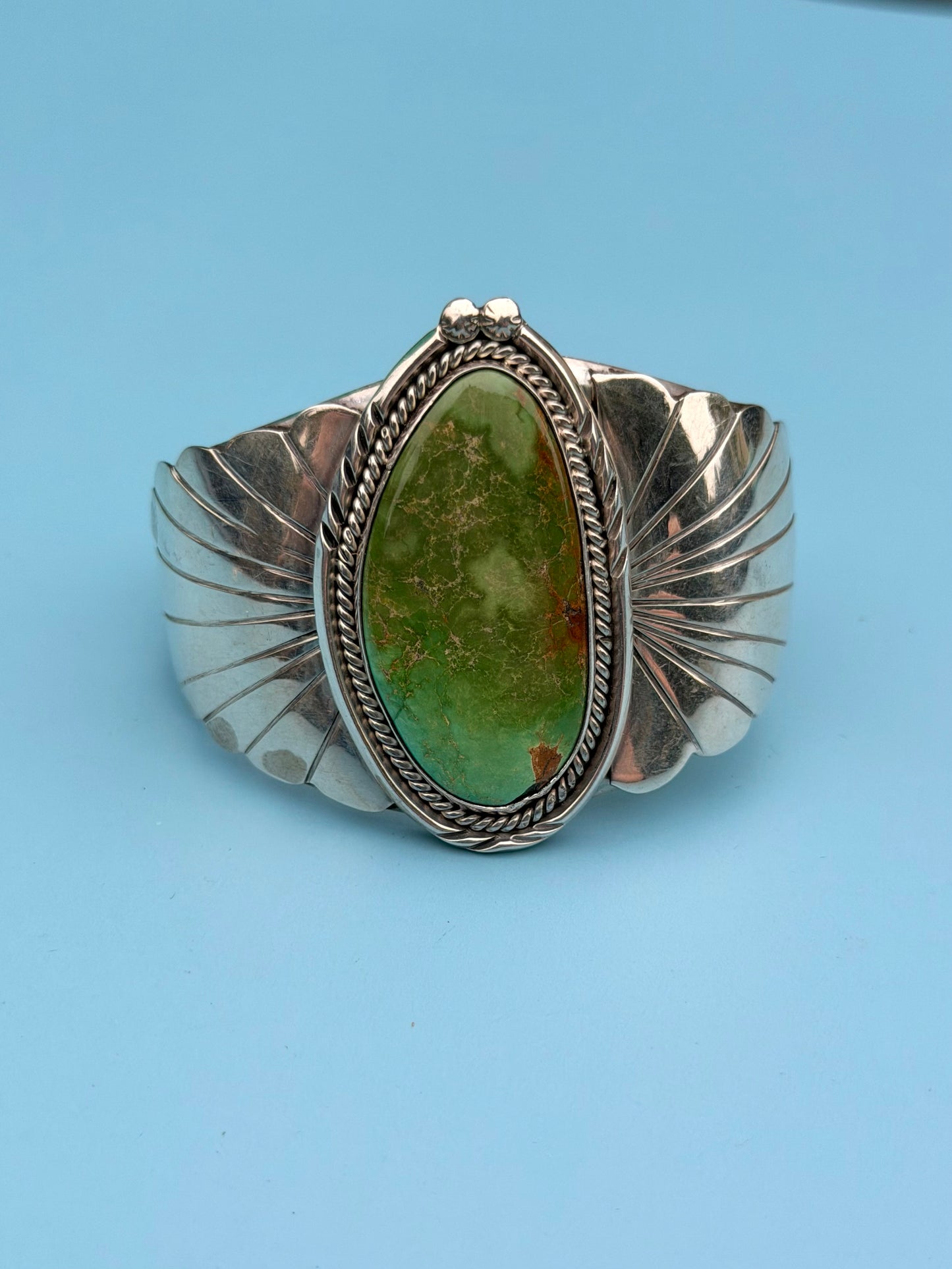"PP" Patricia Paterson Green Turquoise & Sterling Silver Squash Blossom Set With Necklace, Earrings, Size 8.5 Ring & Cuff