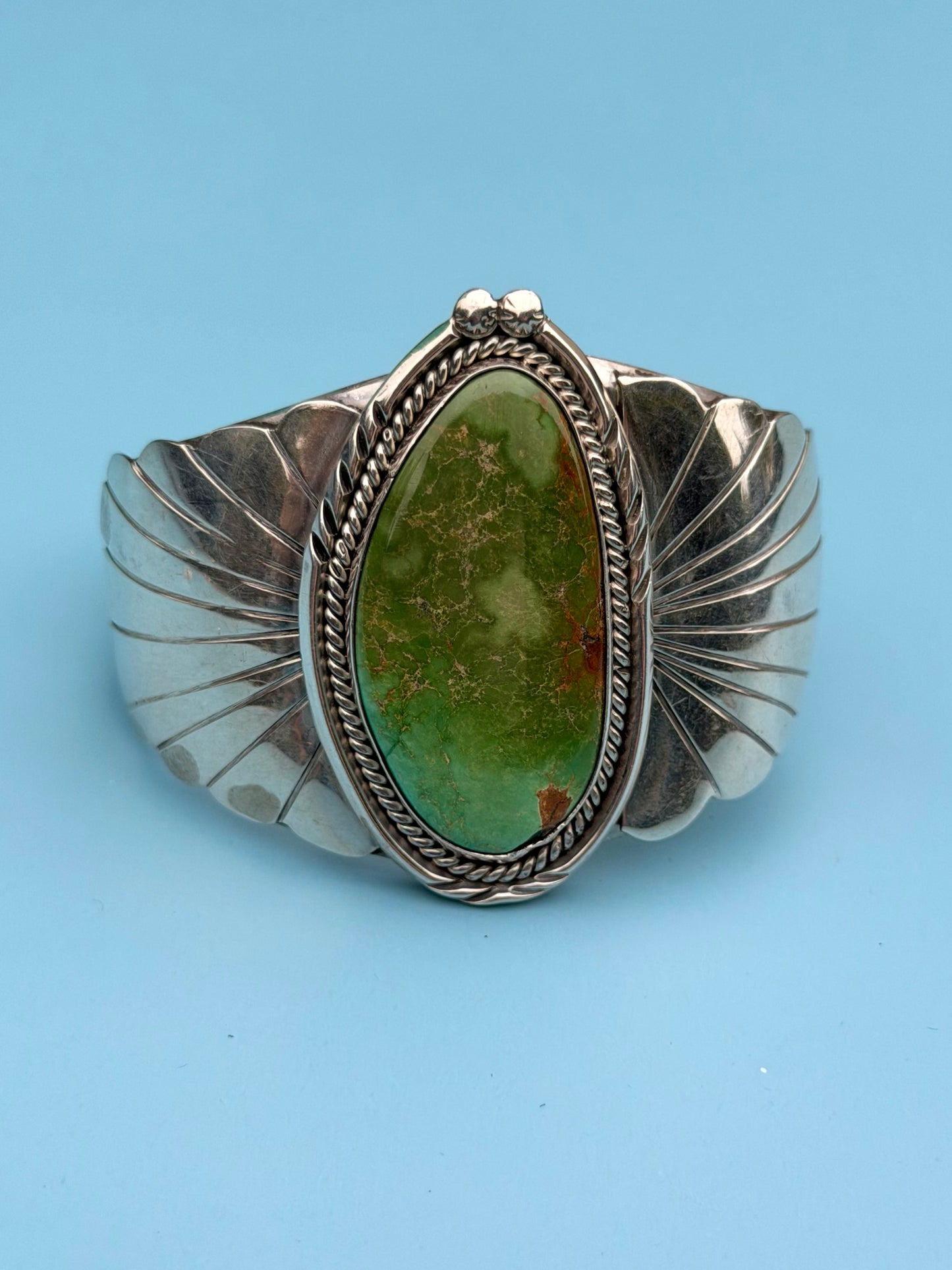 "PP" Patricia Paterson Green Turquoise & Sterling Silver Squash Blossom Set With Necklace, Earrings, Size 8.5 Ring & Cuff