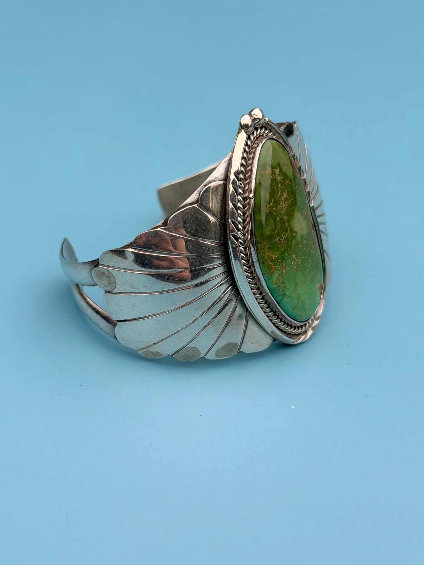 "PP" Patricia Paterson Green Turquoise & Sterling Silver Squash Blossom Set With Necklace, Earrings, Size 8.5 Ring & Cuff