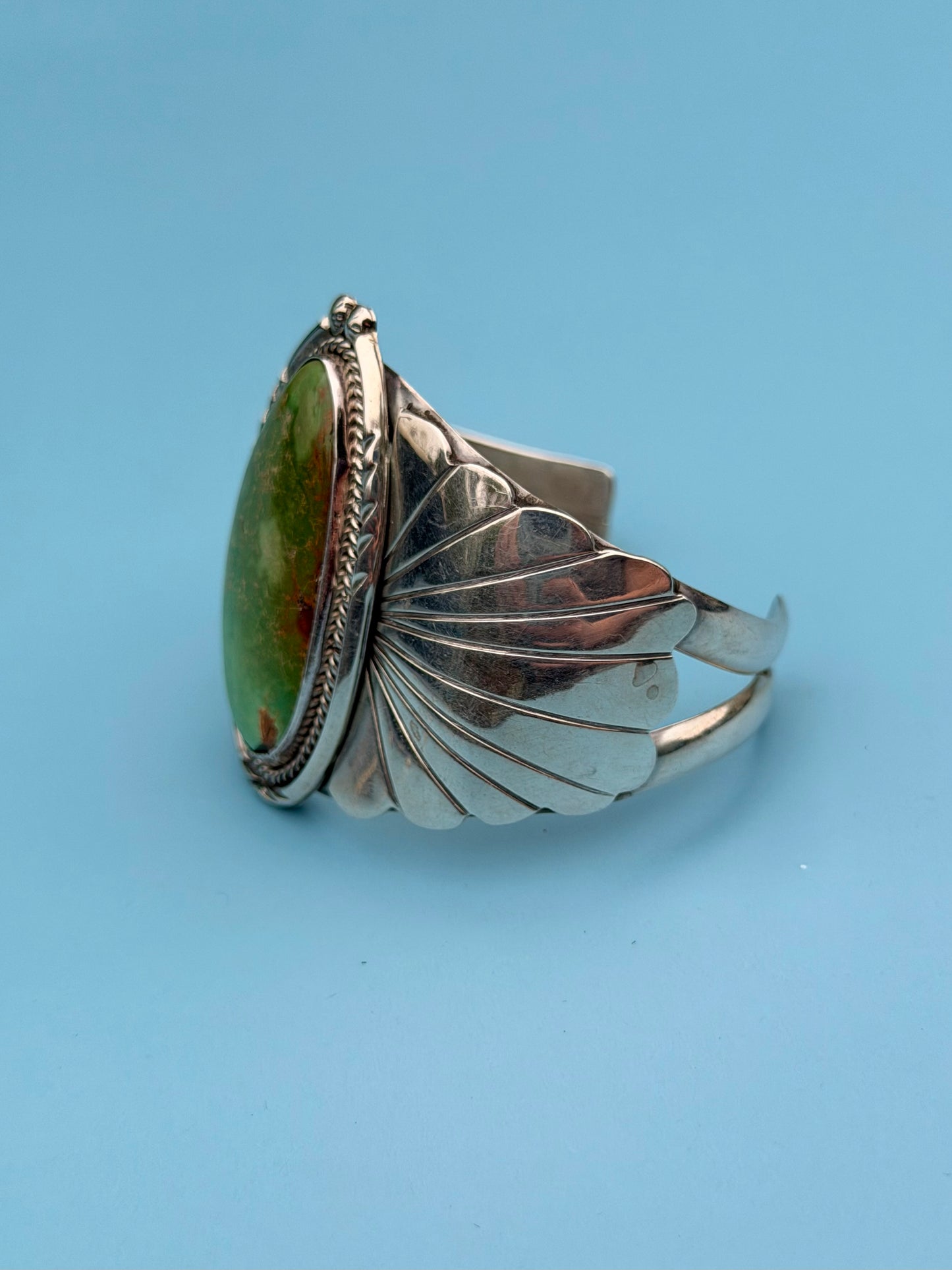 "PP" Patricia Paterson Green Turquoise & Sterling Silver Squash Blossom Set With Necklace, Earrings, Size 8.5 Ring & Cuff