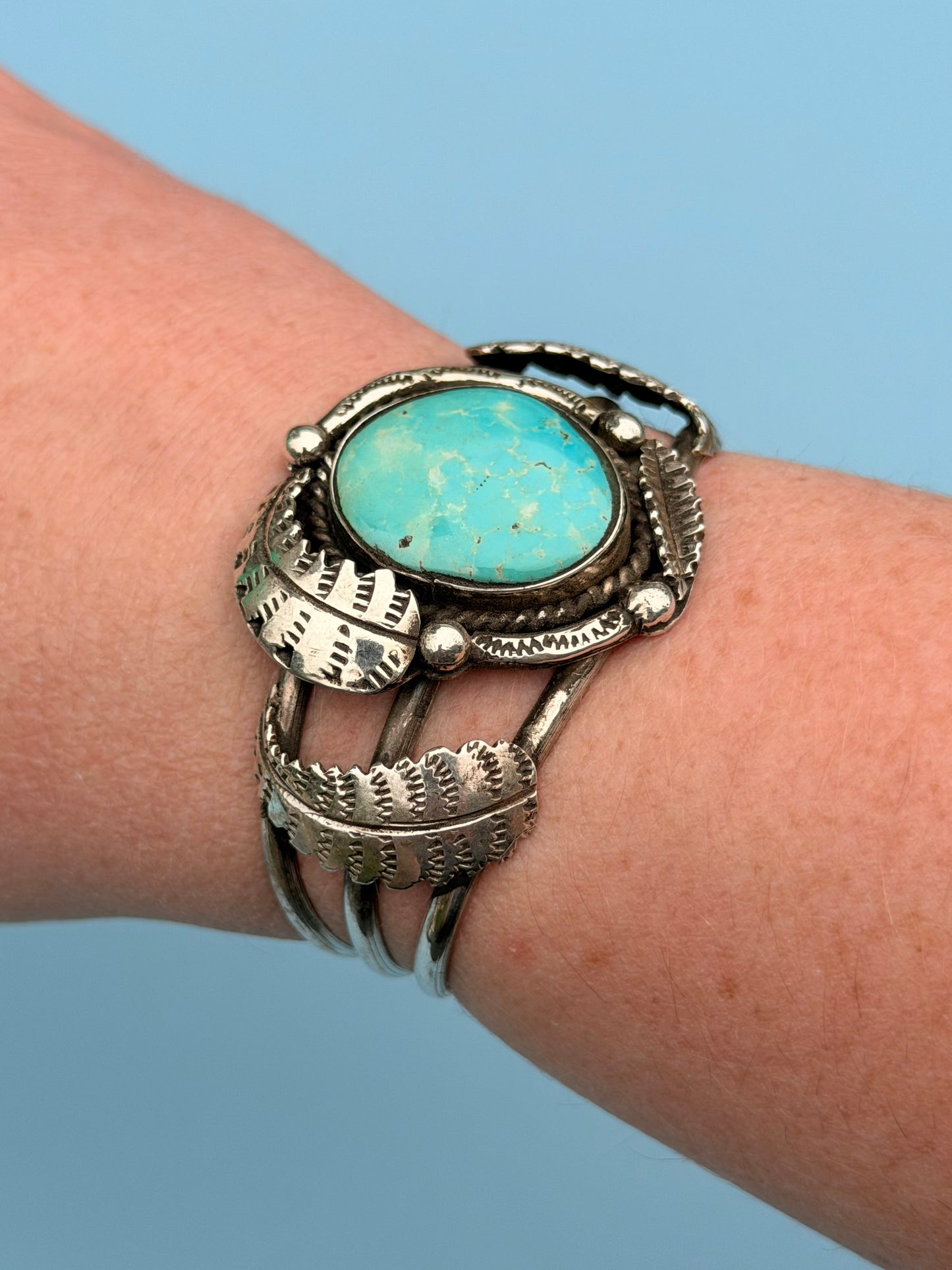 Old Pawn Native American Pale Blue Turquoise Silver Cuff