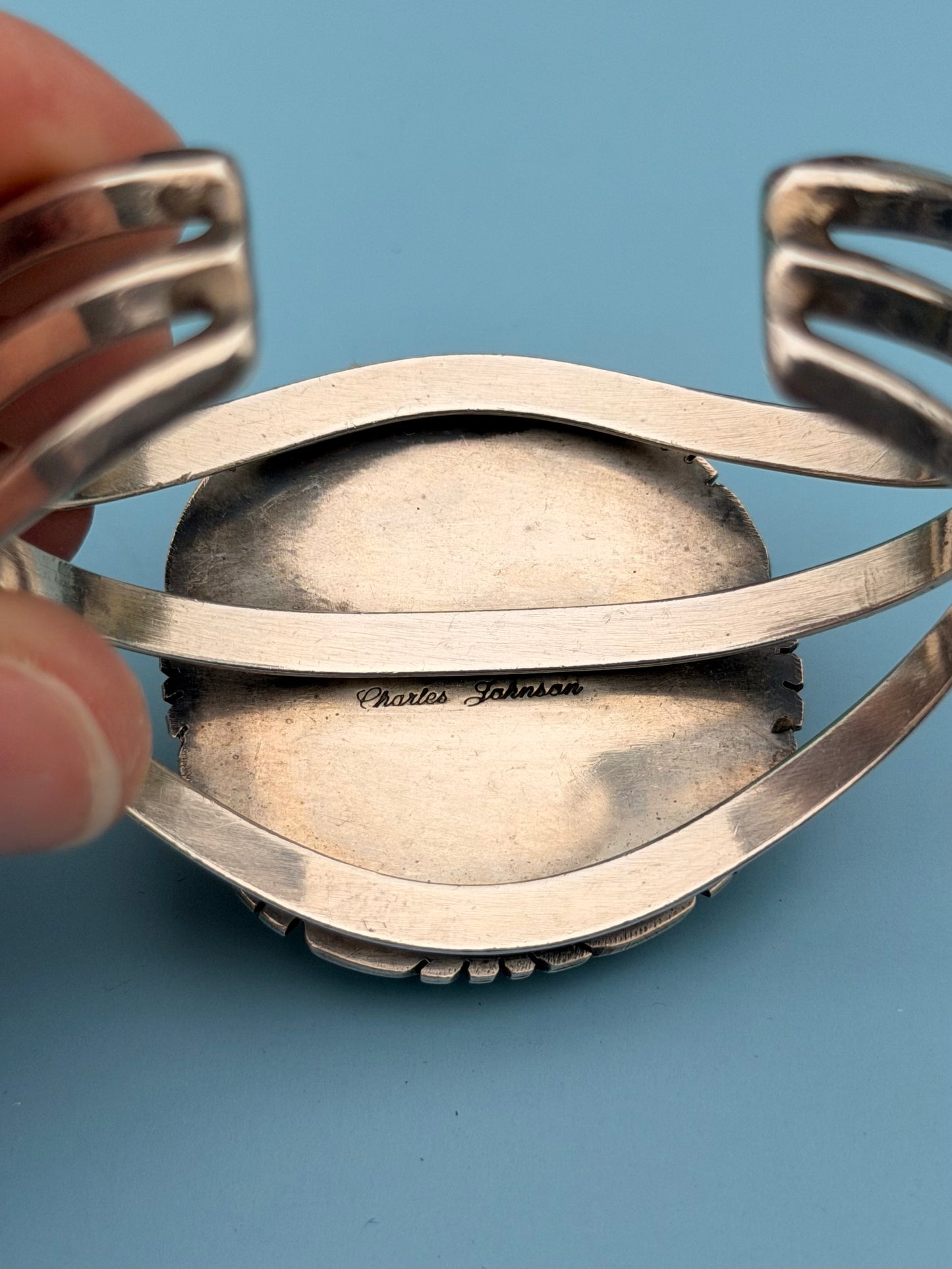 "Charles Johnson" Signed Sterling Silver Gaspeite Cuff