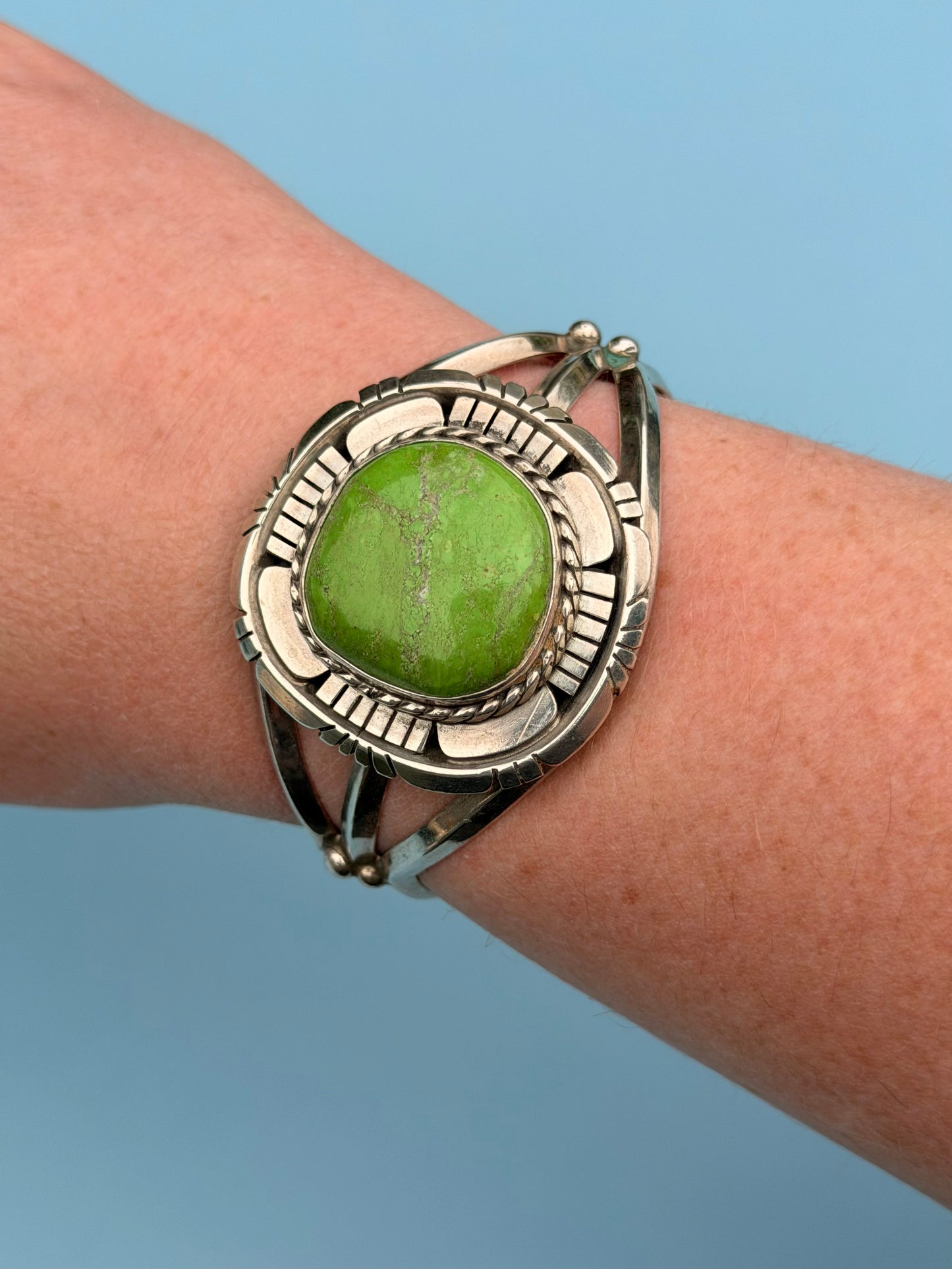 "Charles Johnson" Signed Sterling Silver Gaspeite Cuff