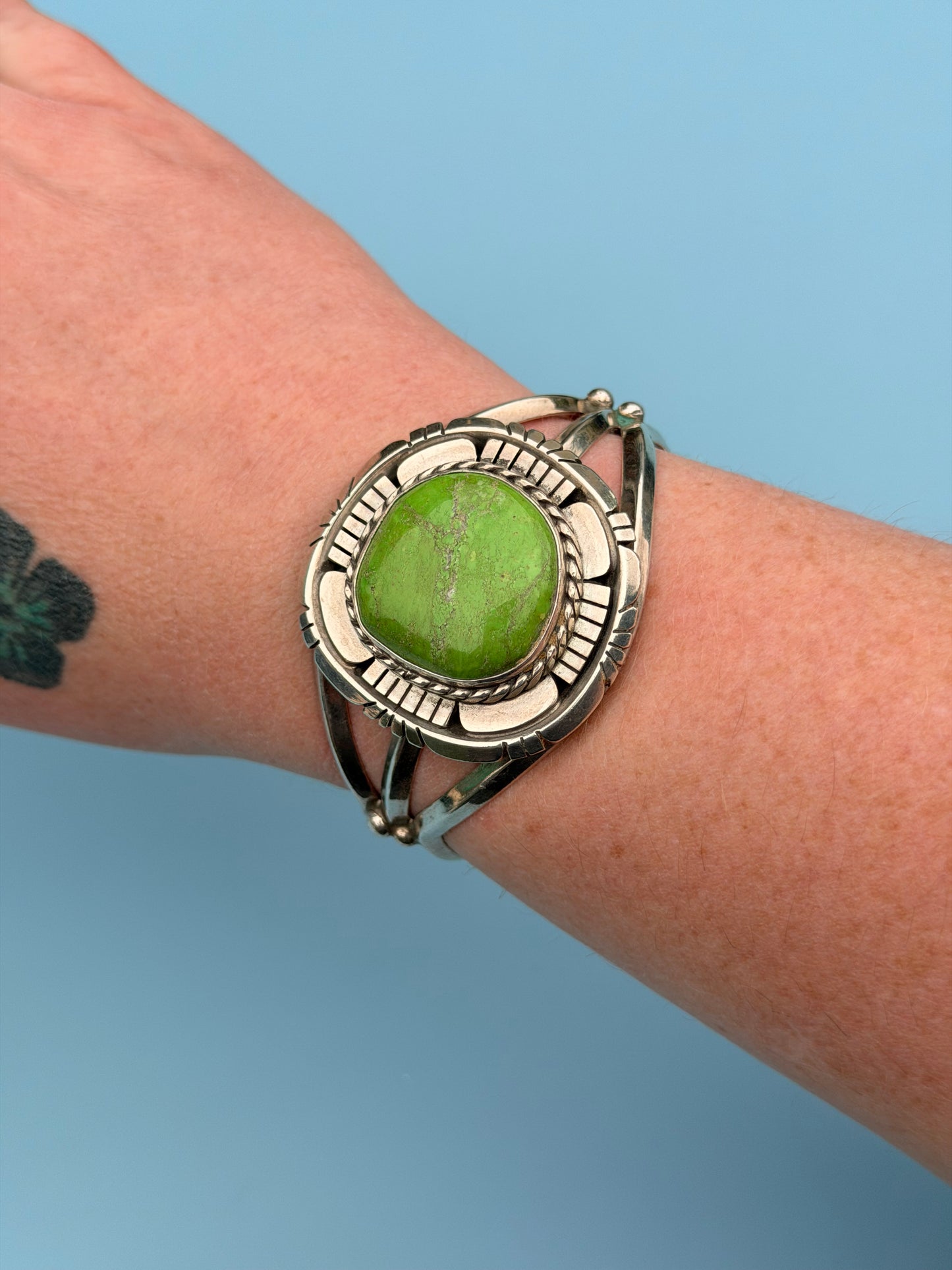 "Charles Johnson" Signed Sterling Silver Gaspeite Cuff
