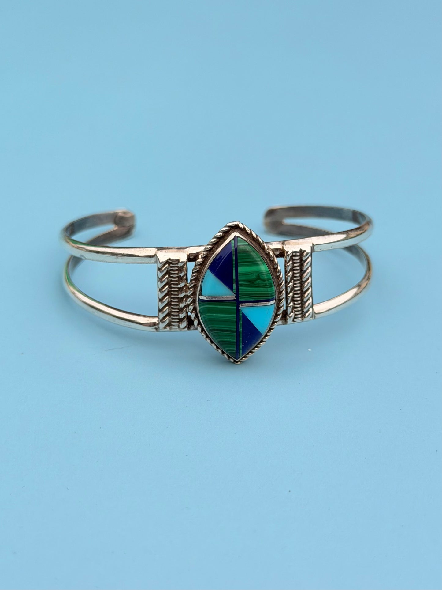 "Long" Signed Malachite, Turquoise, Lapis & Sterling Silver Intarsia Cuff