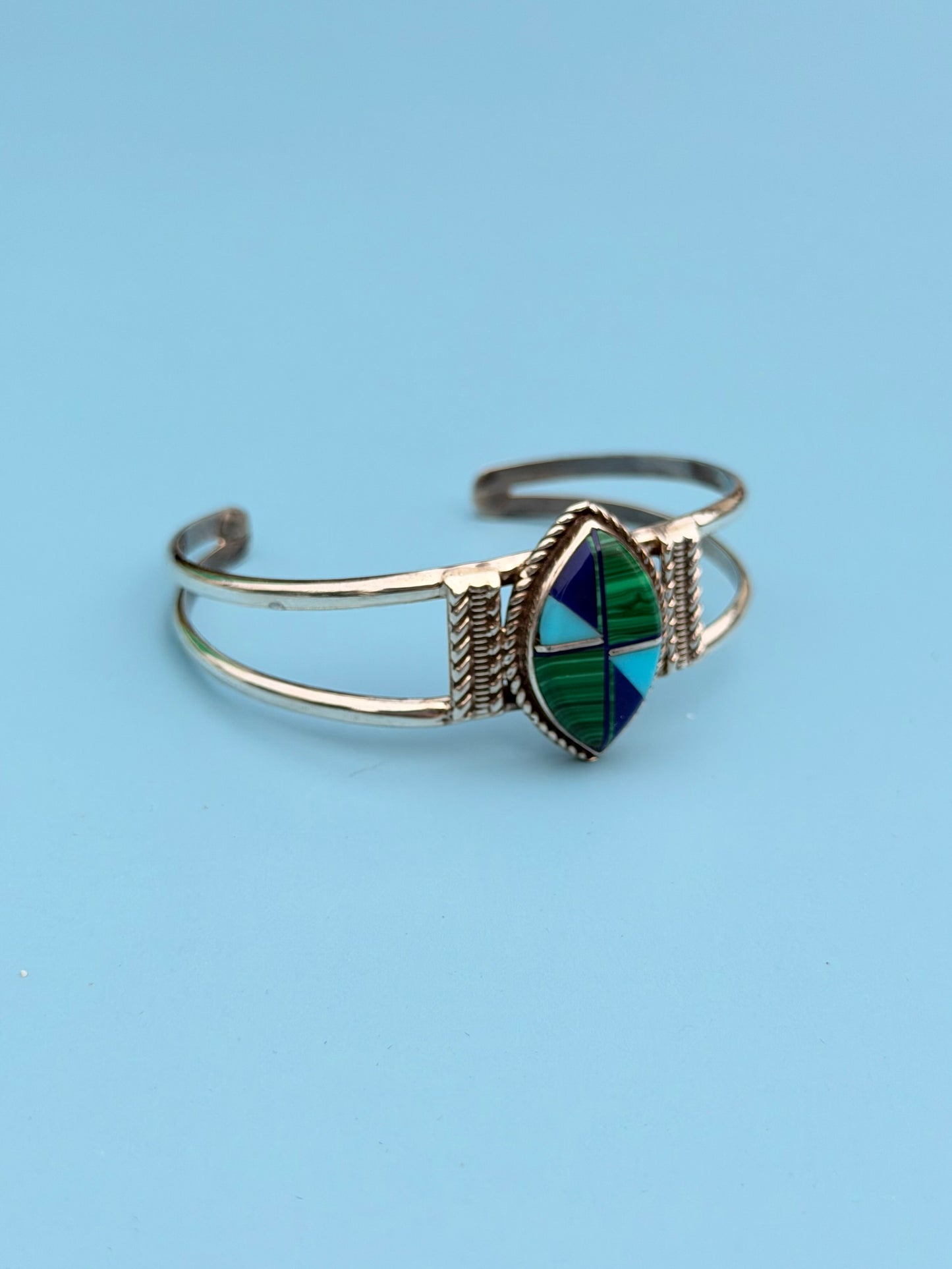 "Long" Signed Malachite, Turquoise, Lapis & Sterling Silver Intarsia Cuff