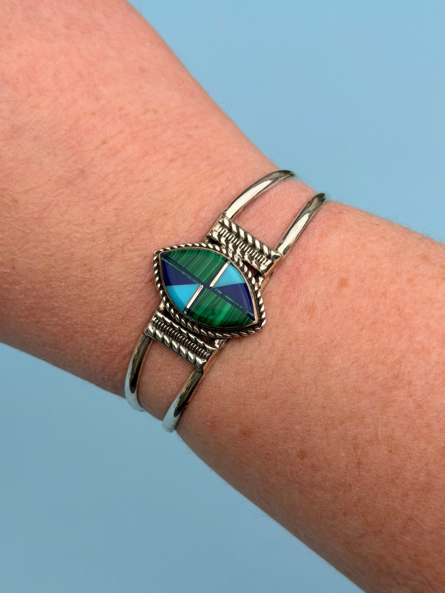 "Long" Signed Malachite, Turquoise, Lapis & Sterling Silver Intarsia Cuff