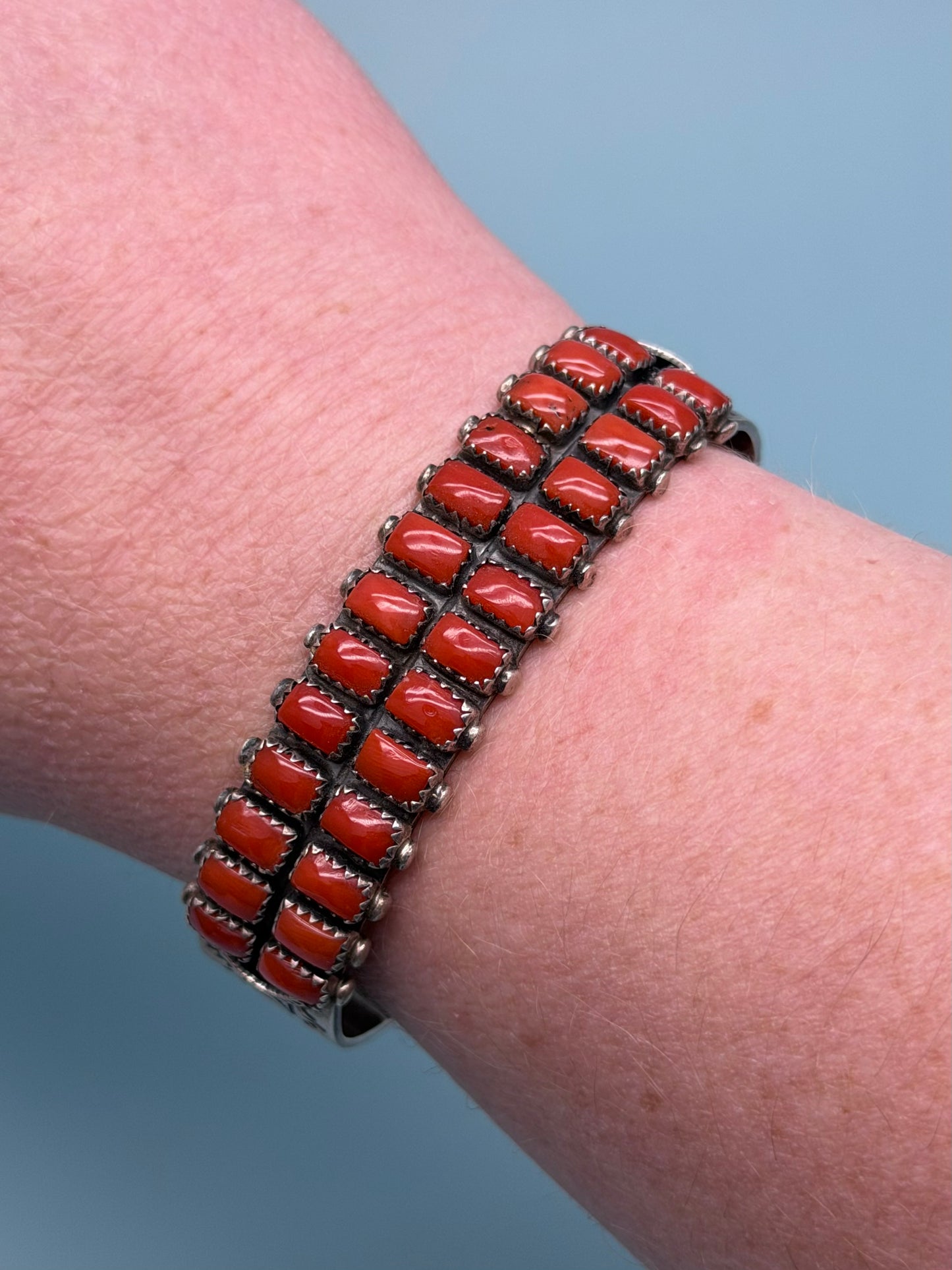 "HS" Signed Hand-Stamped Native American Coral Cuff
