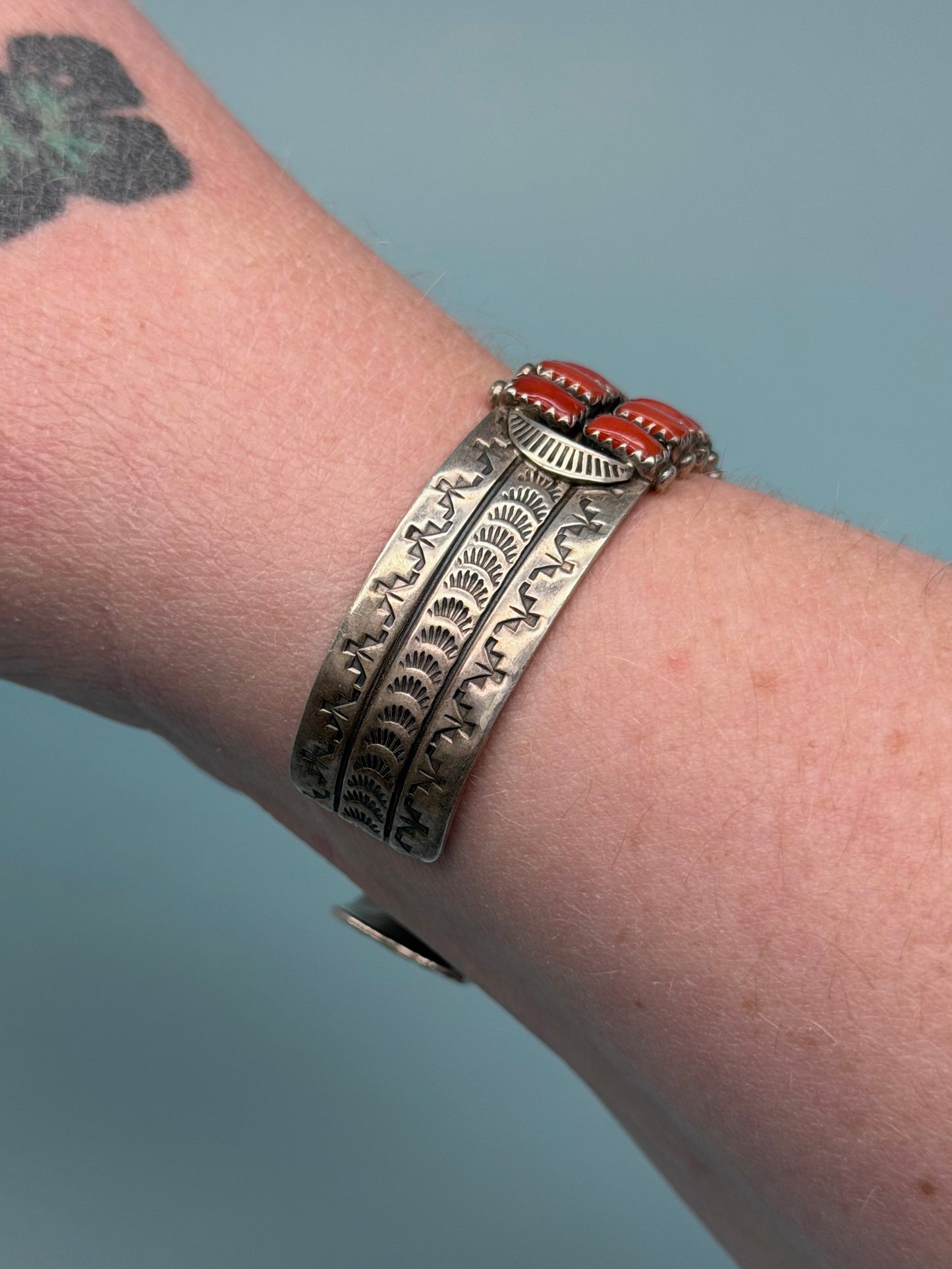 "HS" Signed Hand-Stamped Native American Coral Cuff