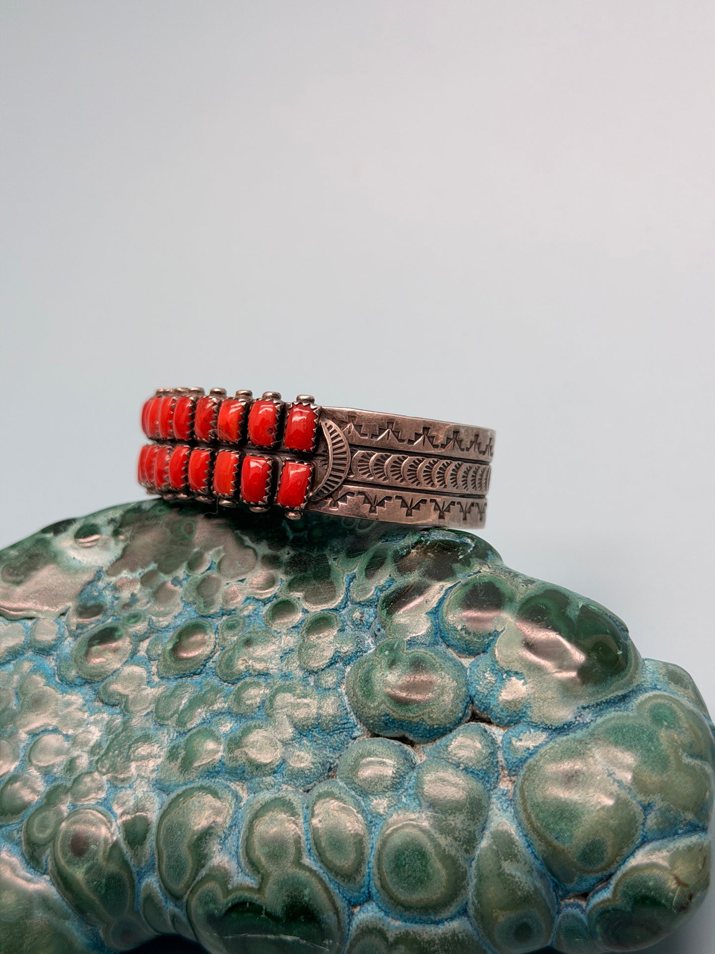 "HS" Signed Hand-Stamped Native American Coral Cuff