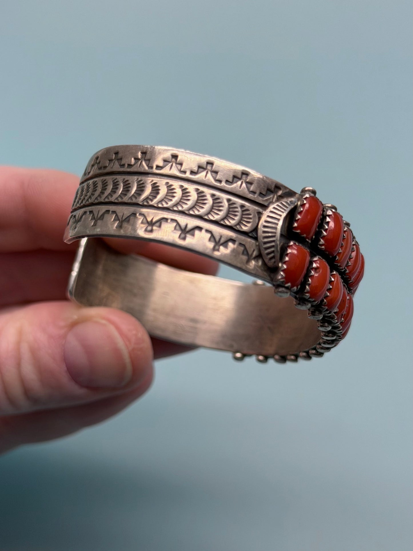 "HS" Signed Hand-Stamped Native American Coral Cuff