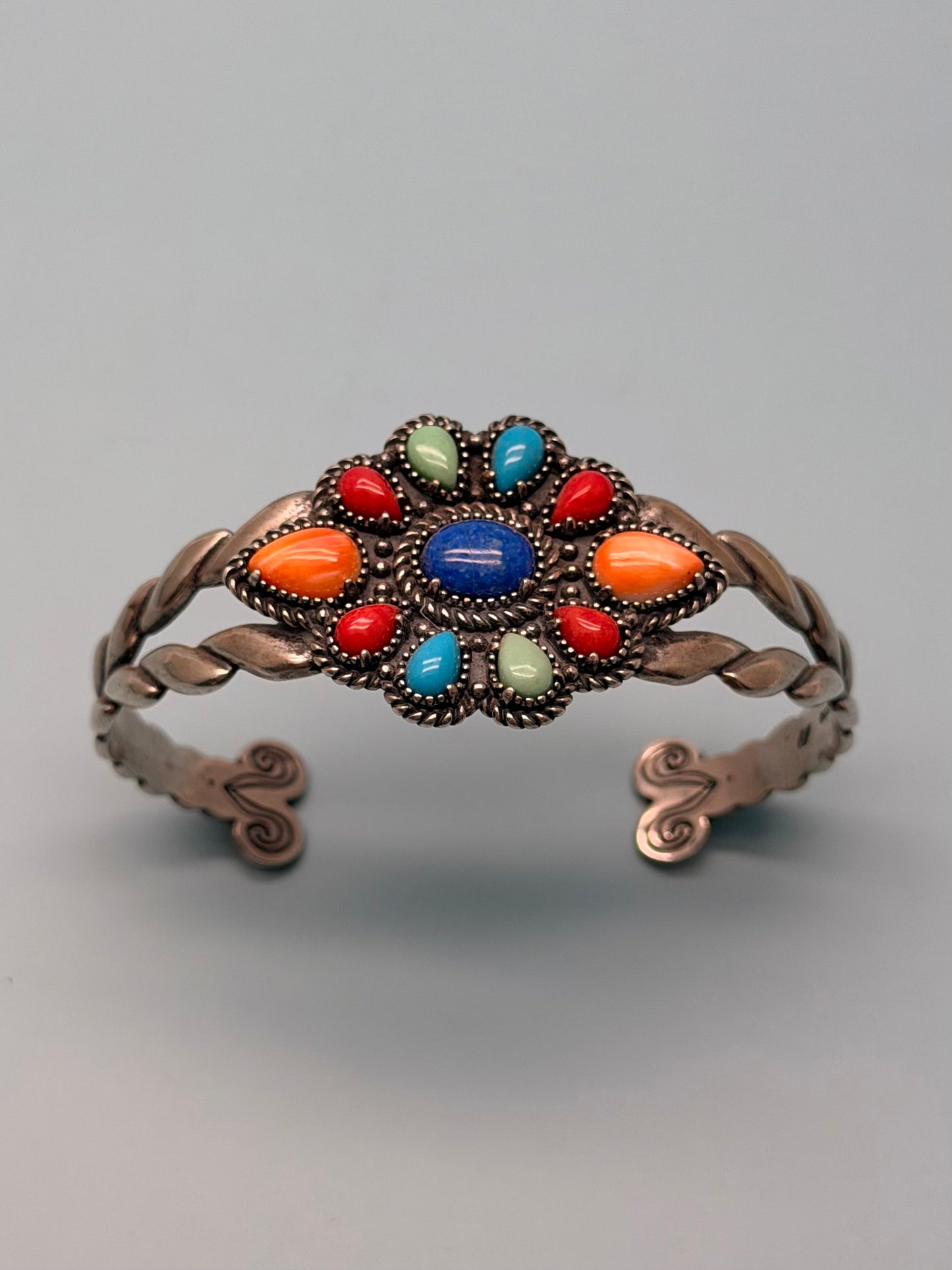 Vintage Sterling Silver Spiny Oyster, Lapis, Coral & Turquoise Cuff