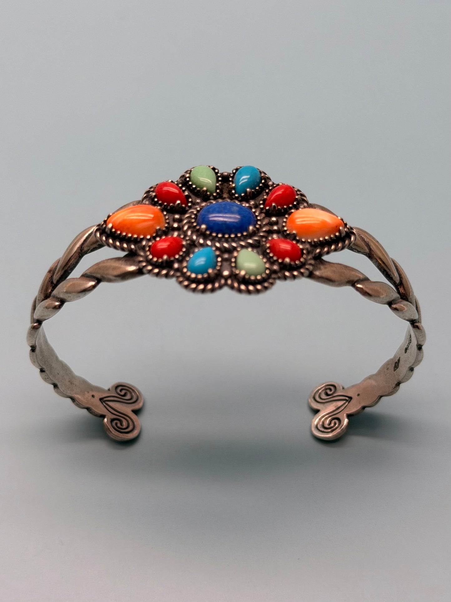 Vintage Sterling Silver Spiny Oyster, Lapis, Coral & Turquoise Cuff
