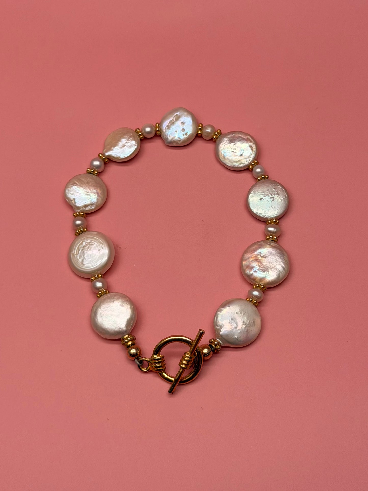 Freshwater Coin Pearl Gold Toggle Bracelet
