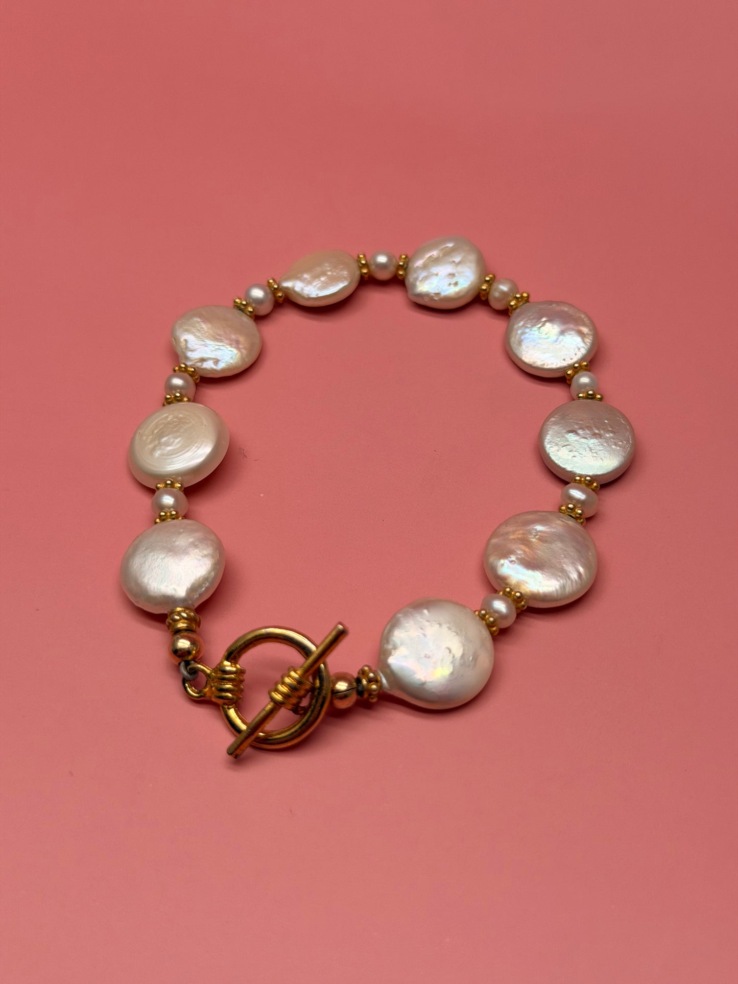 Freshwater Coin Pearl Gold Toggle Bracelet