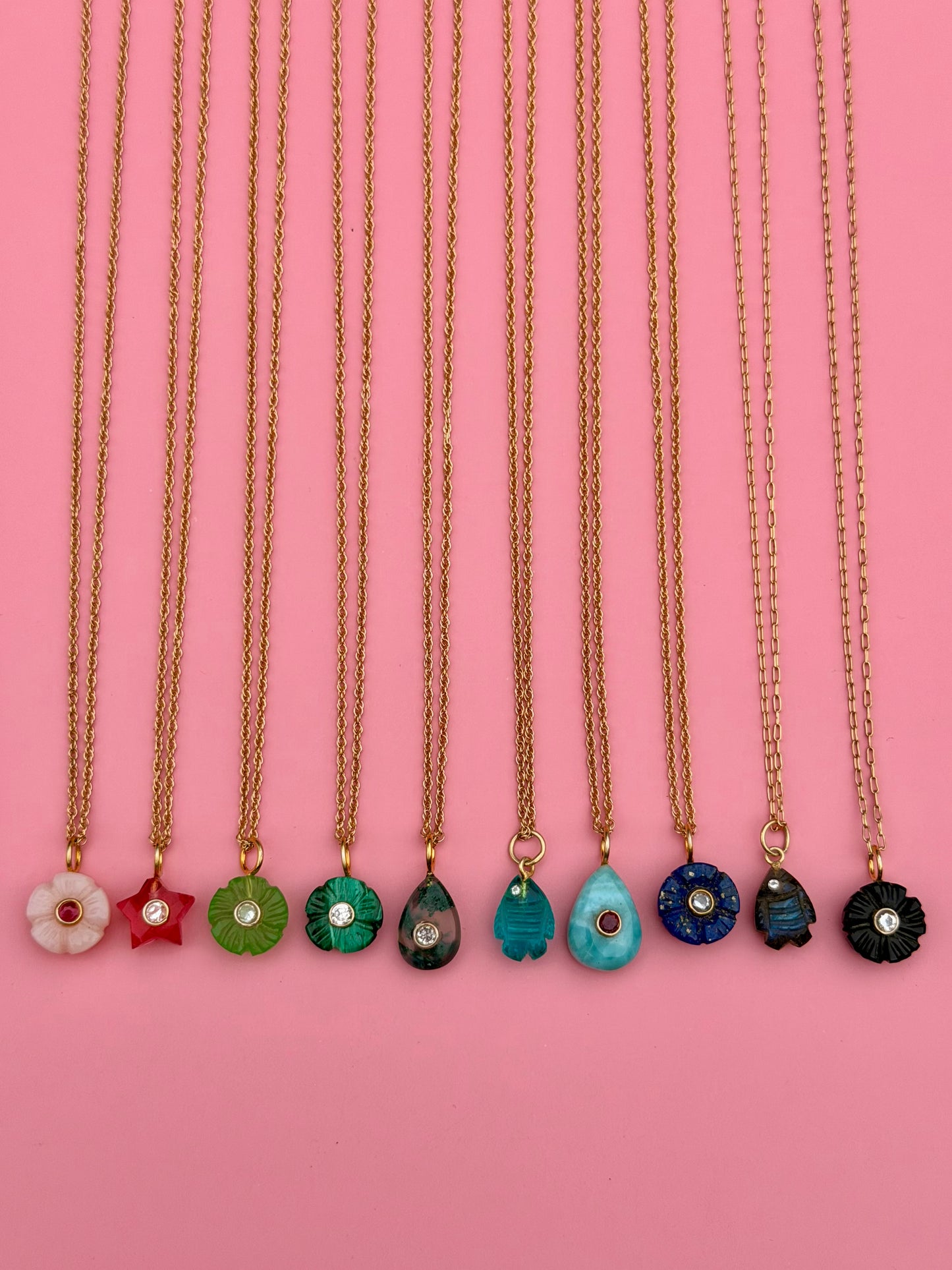 18" Carved Stone Goldfilled Charm Necklace