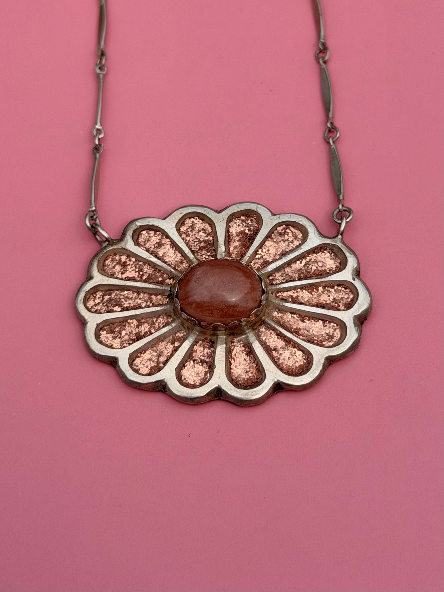 Sterling Silver Copper Inlaid, Sunstone Flower Necklace