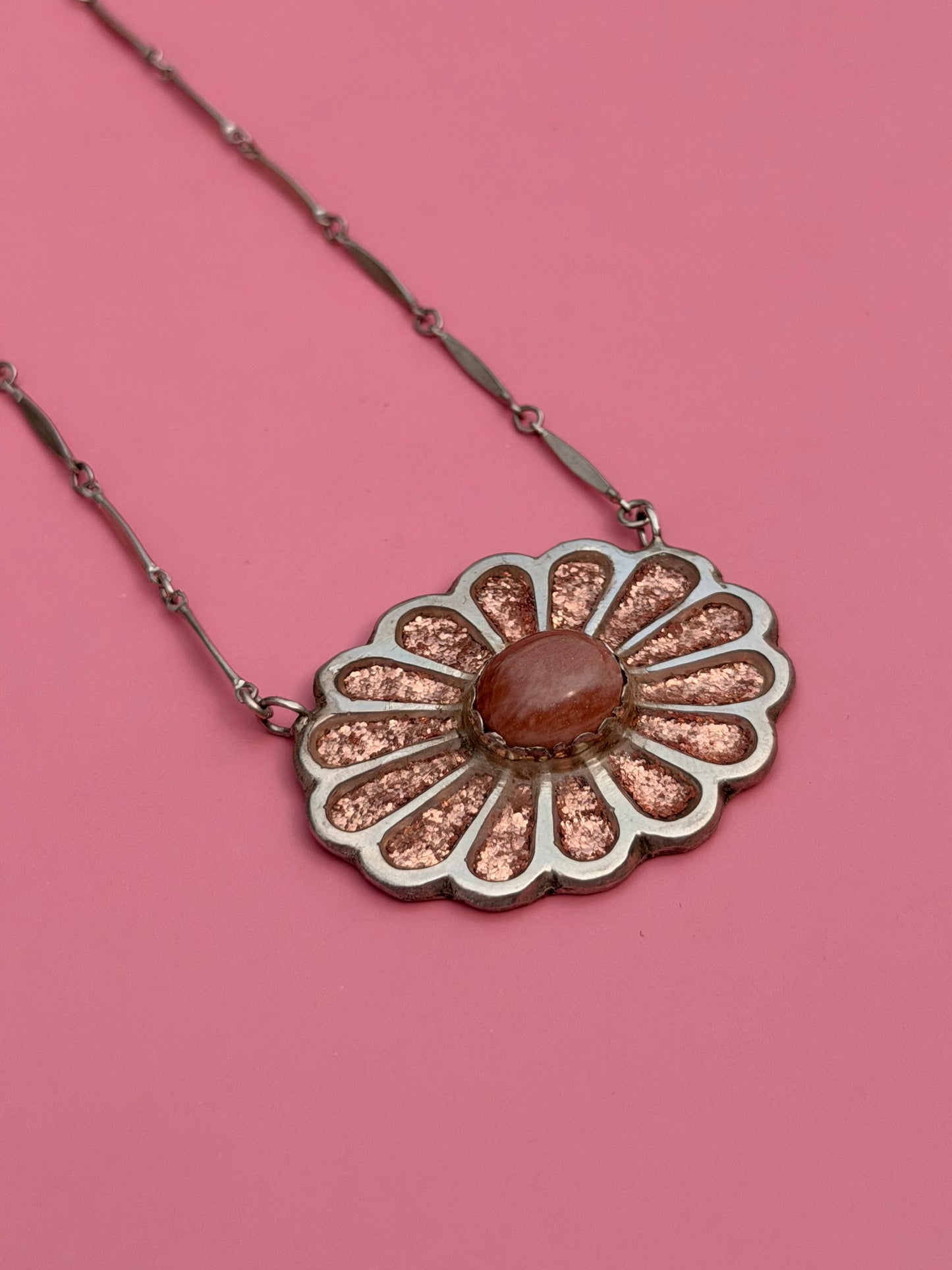 Sterling Silver Copper Inlaid, Sunstone Flower Necklace