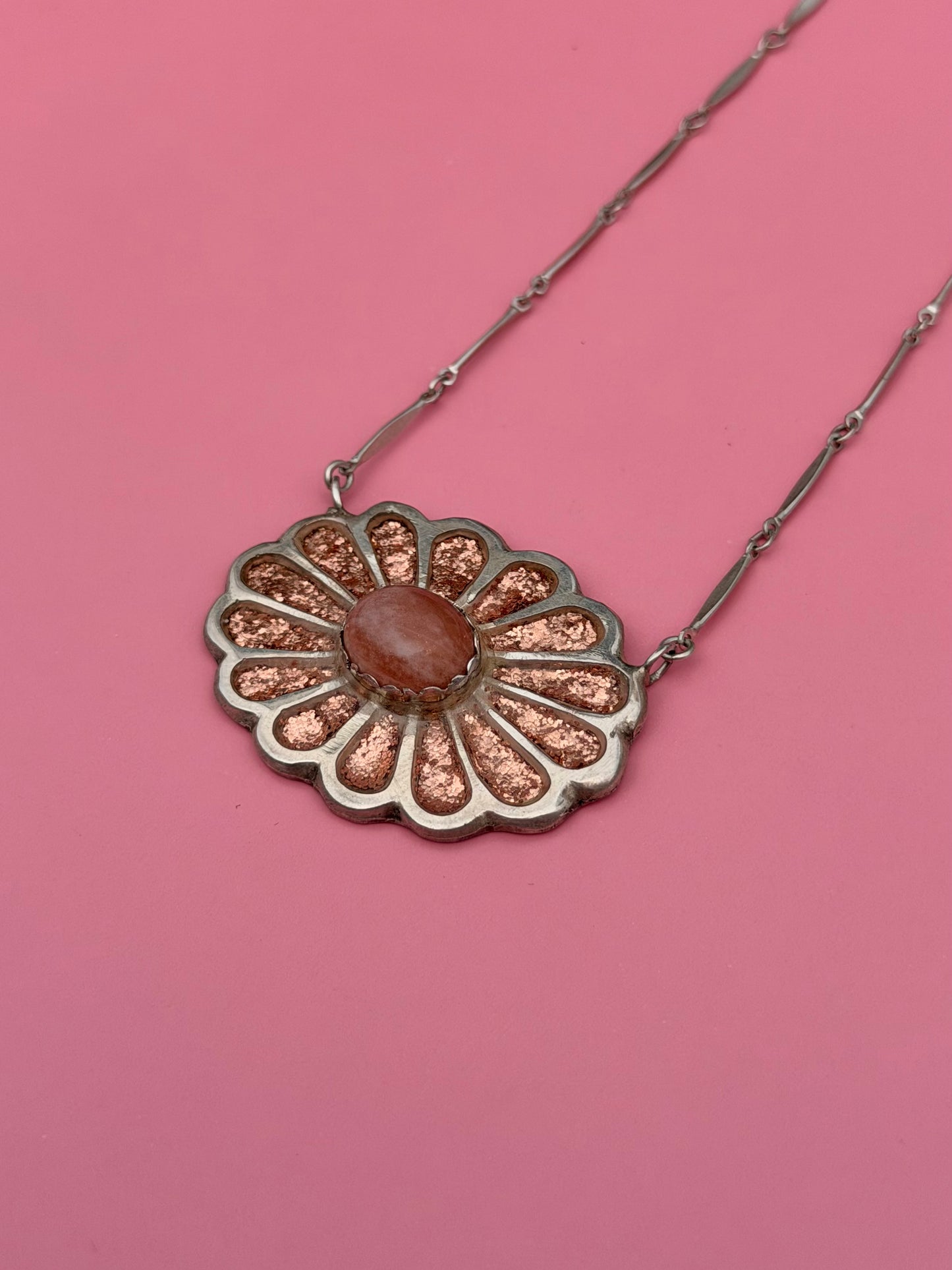 Sterling Silver Copper Inlaid, Sunstone Flower Necklace