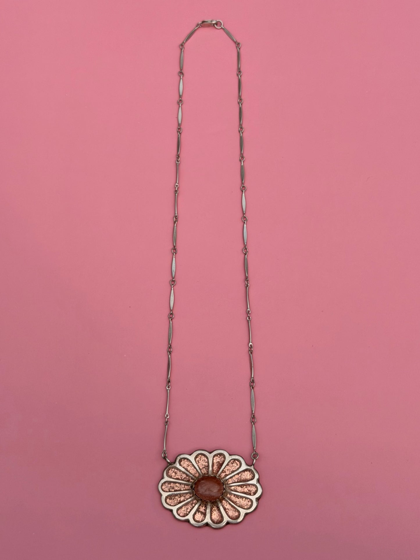 Sterling Silver Copper Inlaid, Sunstone Flower Necklace