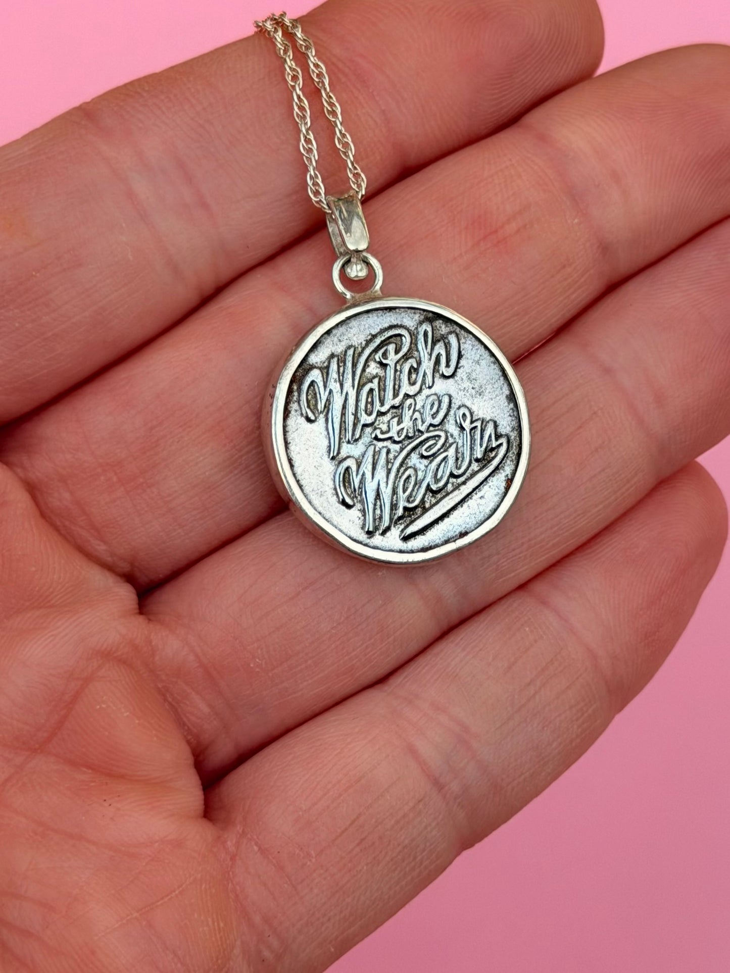 "Watch the Wear" Silver Tone Union Worker Button Necklace