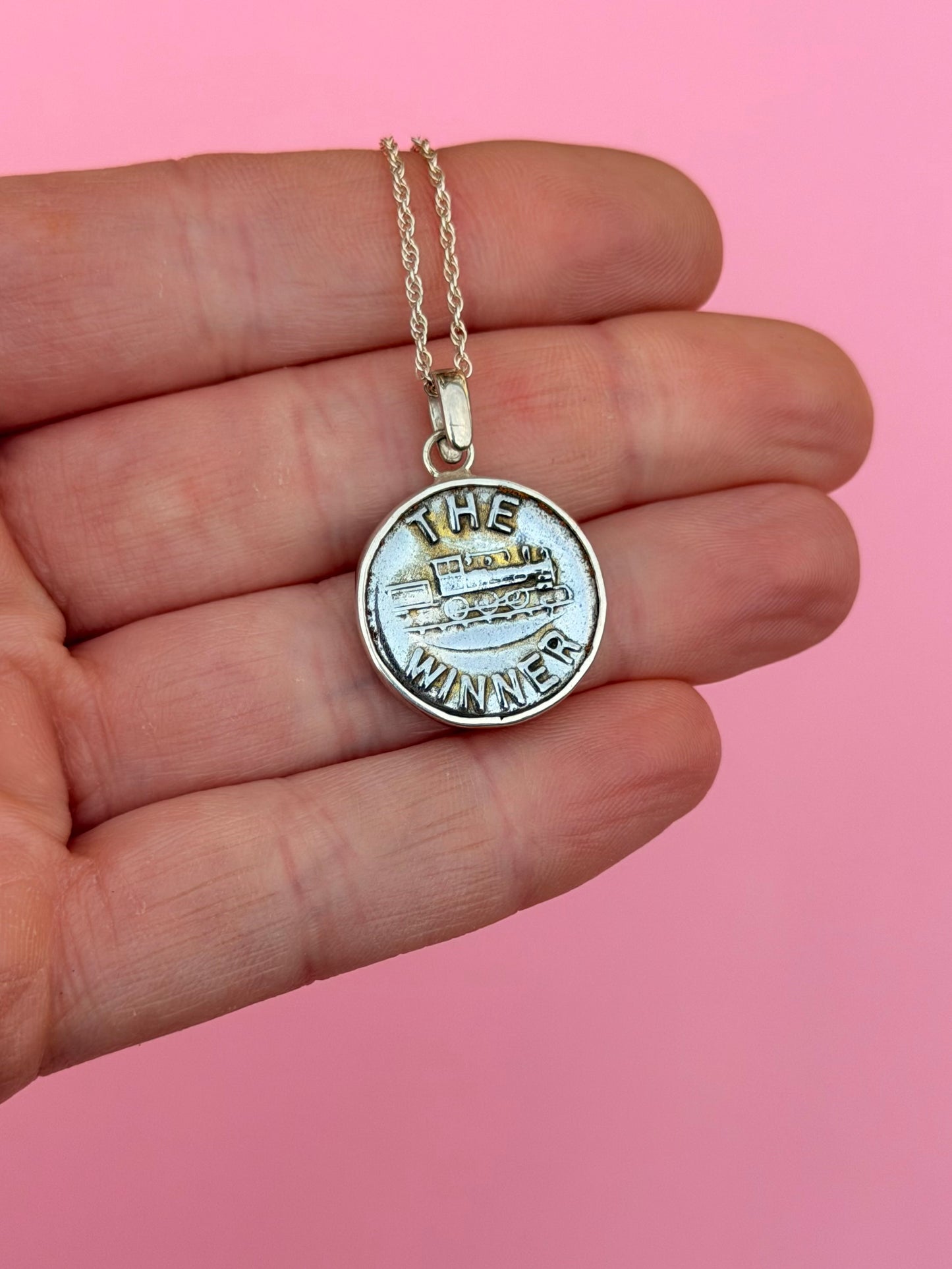 "The Winner" Silver Tone Union Worker Button Necklace