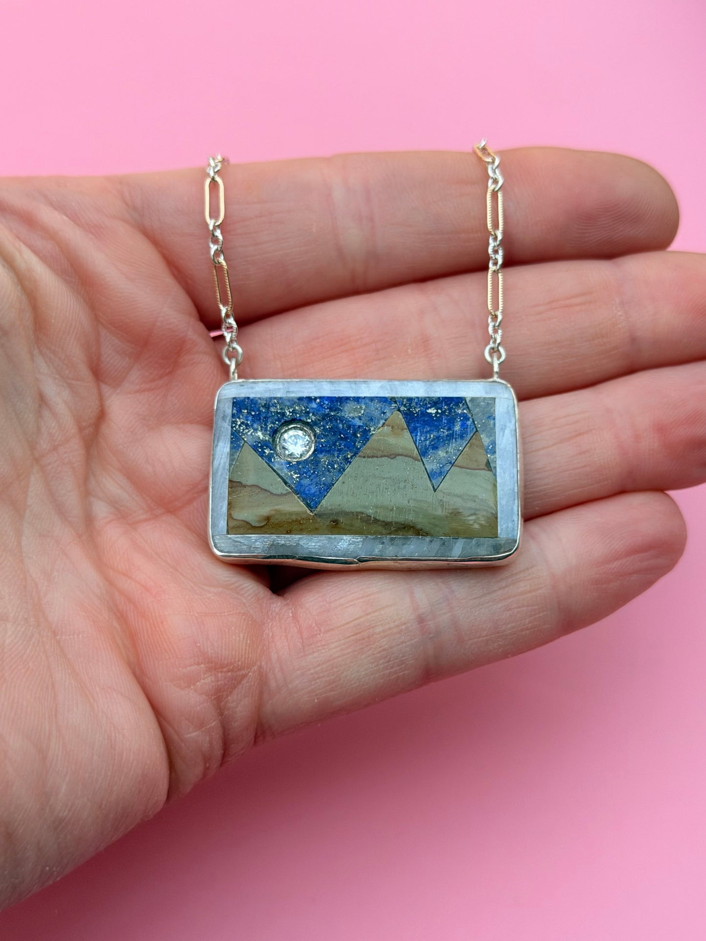 Mountain Landscape Intarsia Necklace with Lapis, Jasper, Moonstone, & Bezel Set CZ