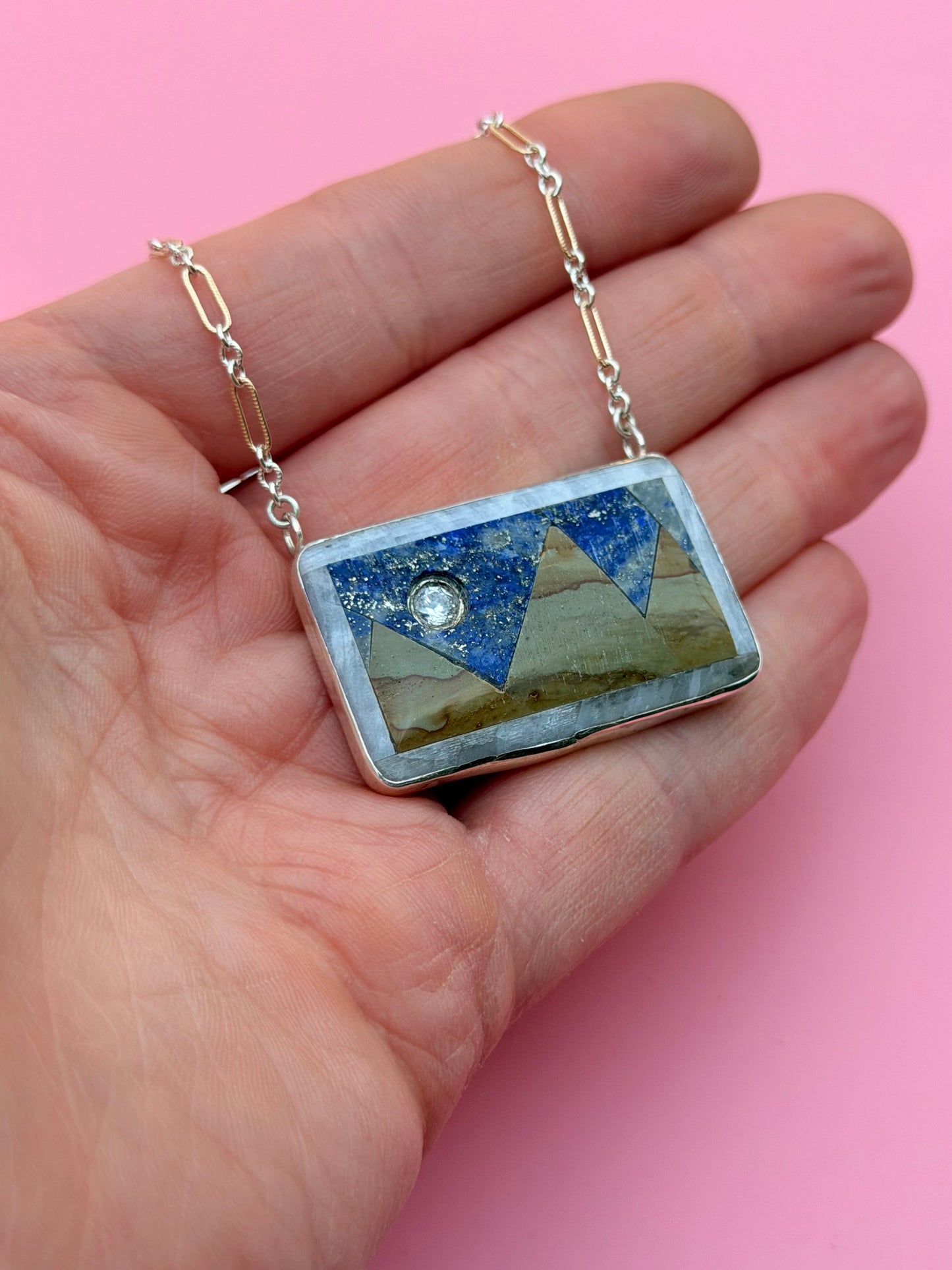 Mountain Landscape Intarsia Necklace with Lapis, Jasper, Moonstone, & Bezel Set CZ