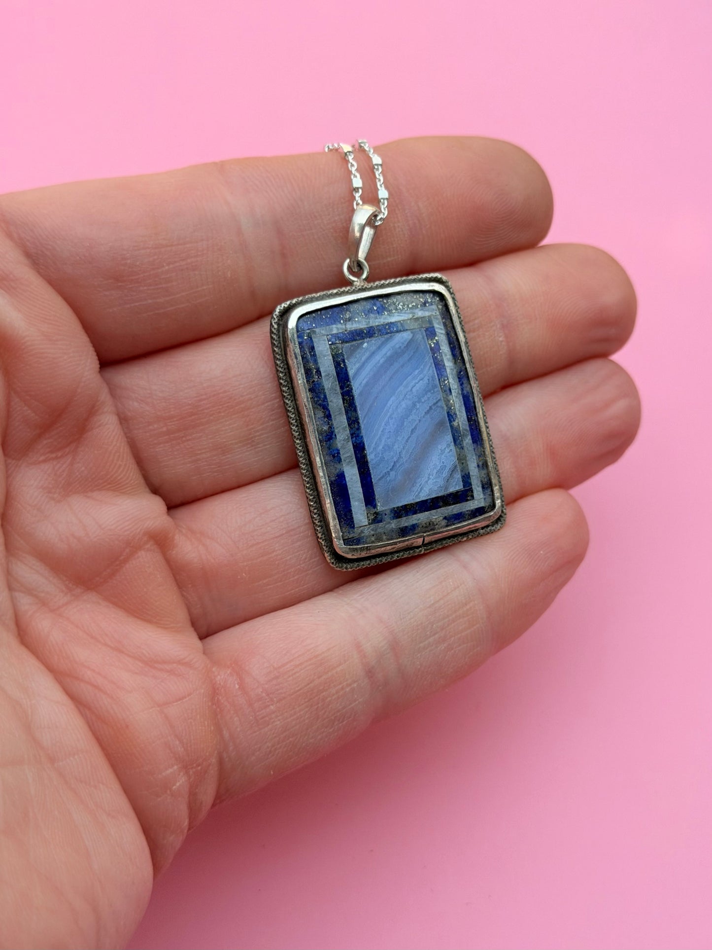 Blue Lace Agate & Lapis Intarsia Necklace