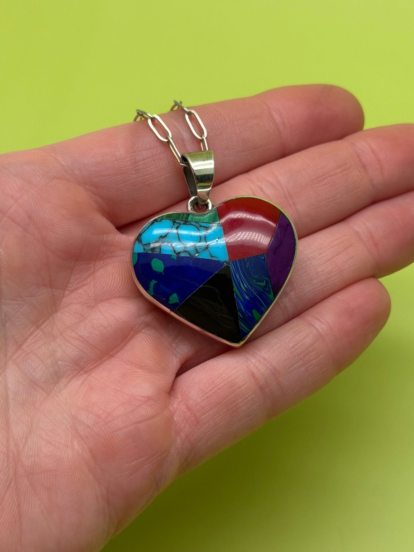 Vintage Multi-Stone Inalid Heart Sterling Silver Necklace