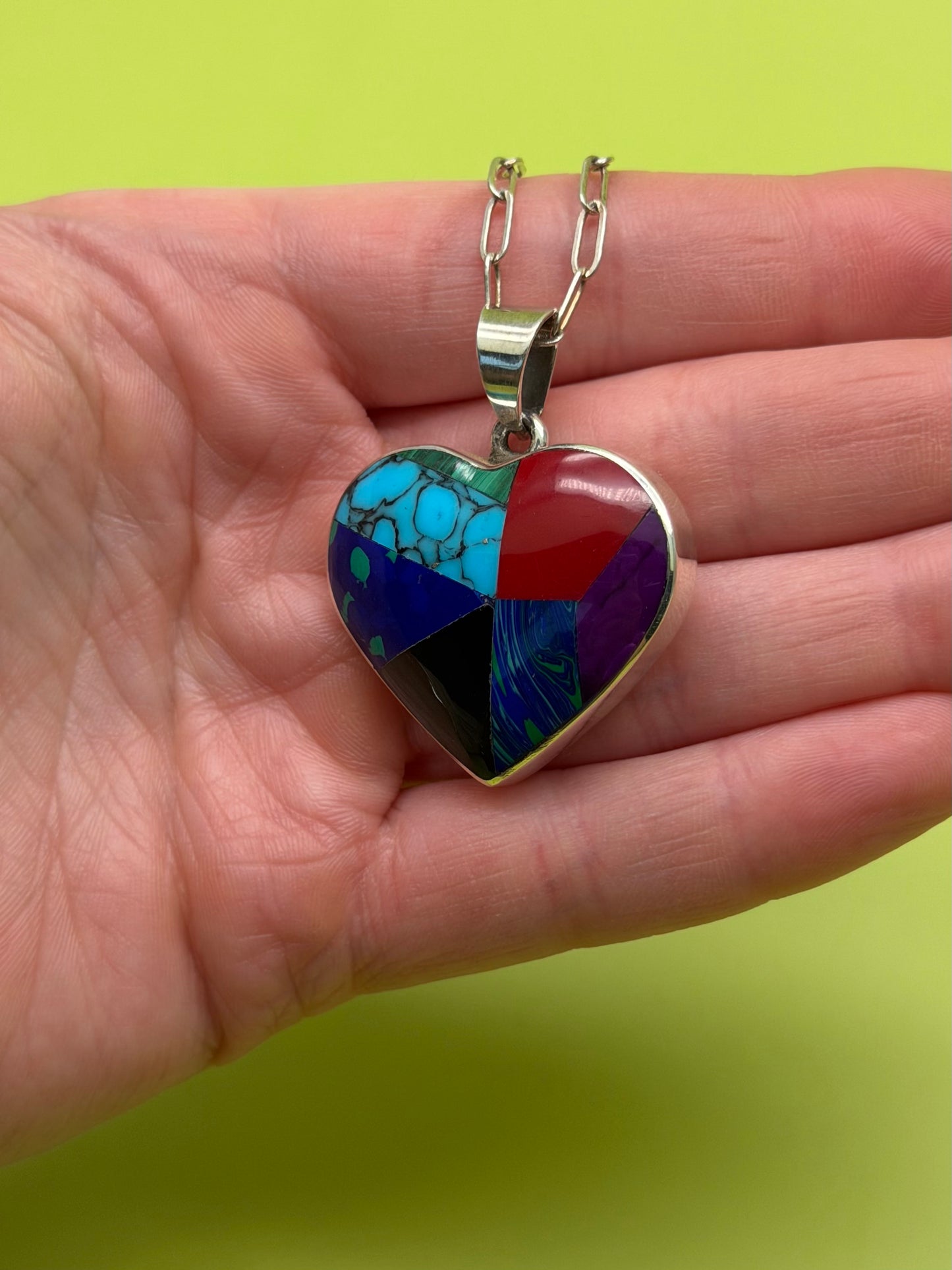 Vintage Multi-Stone Inalid Heart Sterling Silver Necklace