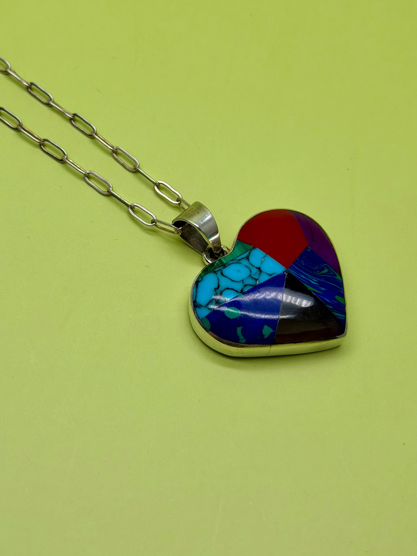 Vintage Multi-Stone Inalid Heart Sterling Silver Necklace