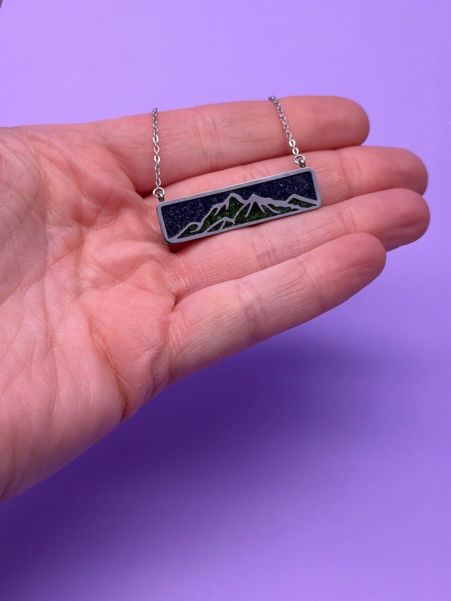 Inlaid Mountainscape with Green & Blue Goldstone & Diamond Dust
