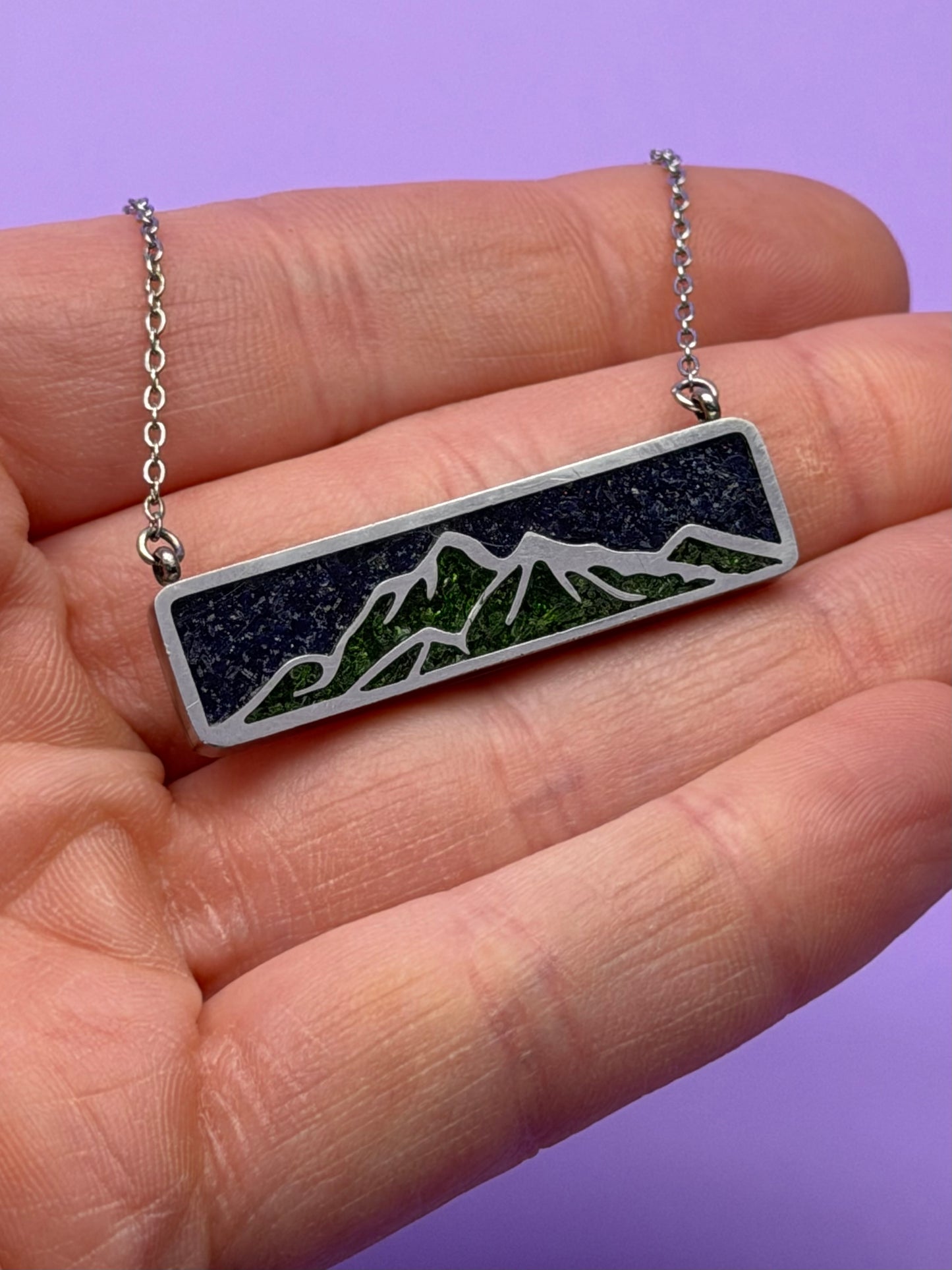 Inlaid Mountainscape with Green & Blue Goldstone & Diamond Dust