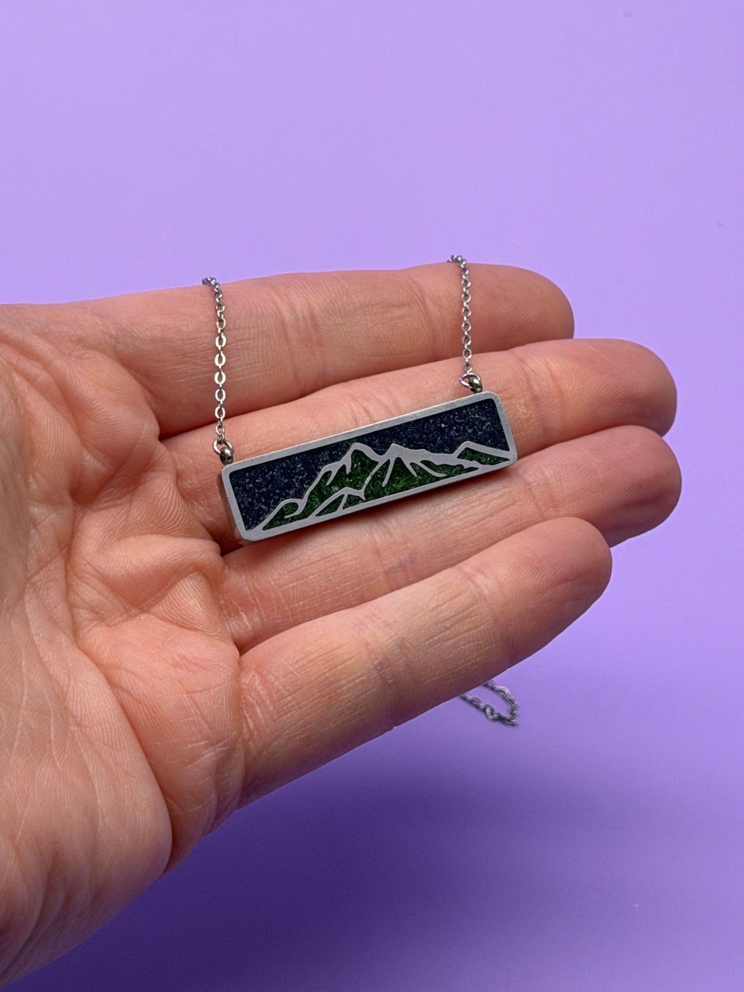 Inlaid Mountainscape with Green & Blue Goldstone & Diamond Dust