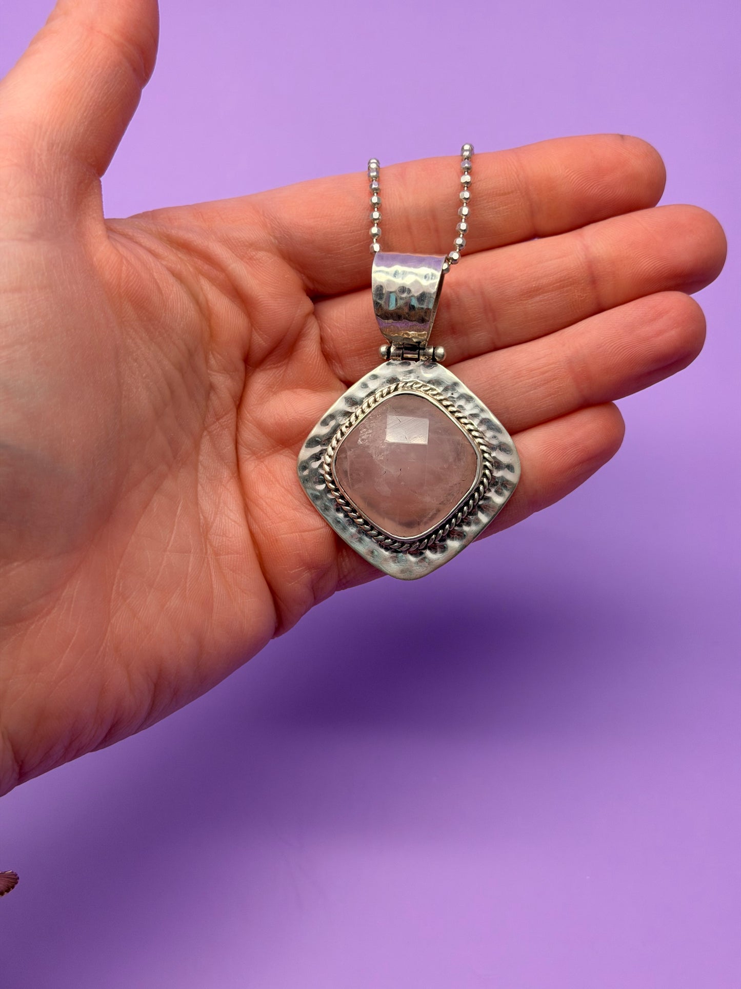 Vintage Hammered Sterling Silver Rose Quartz Necklaces