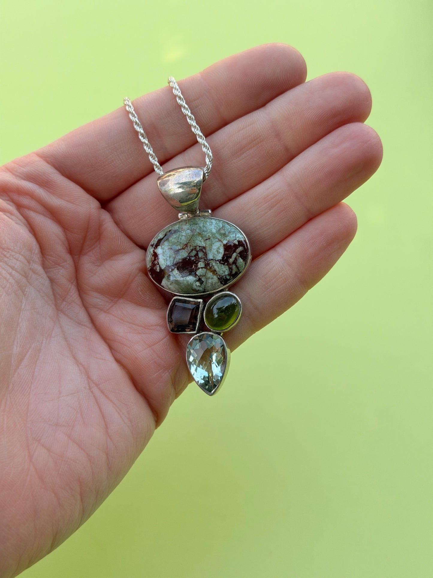 Rainforest Jasper, Green Amethyst, Smokey Quartz & Green Tourmaline Multistone Necklace