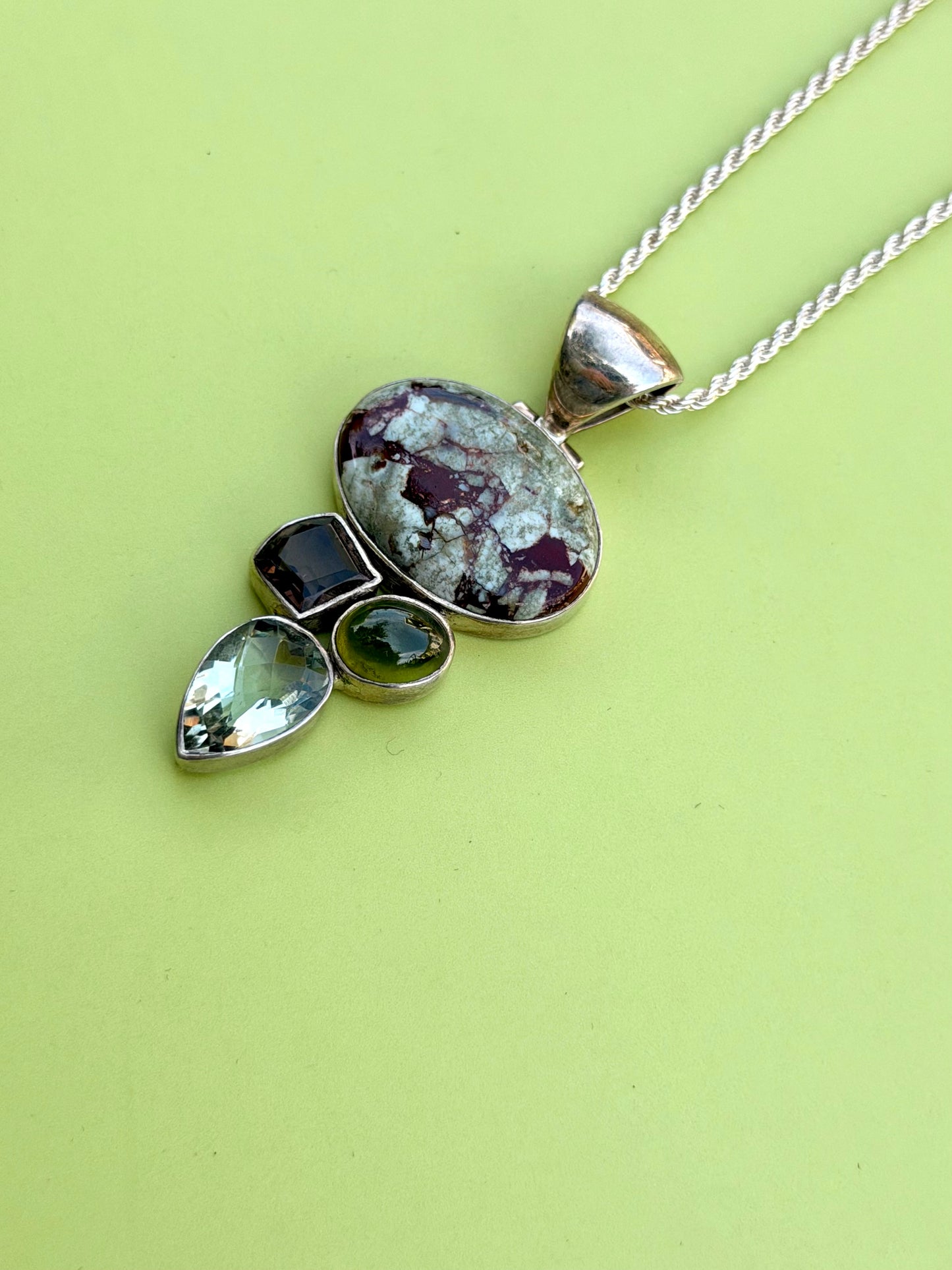 Rainforest Jasper, Green Amethyst, Smokey Quartz & Green Tourmaline Multistone Necklace