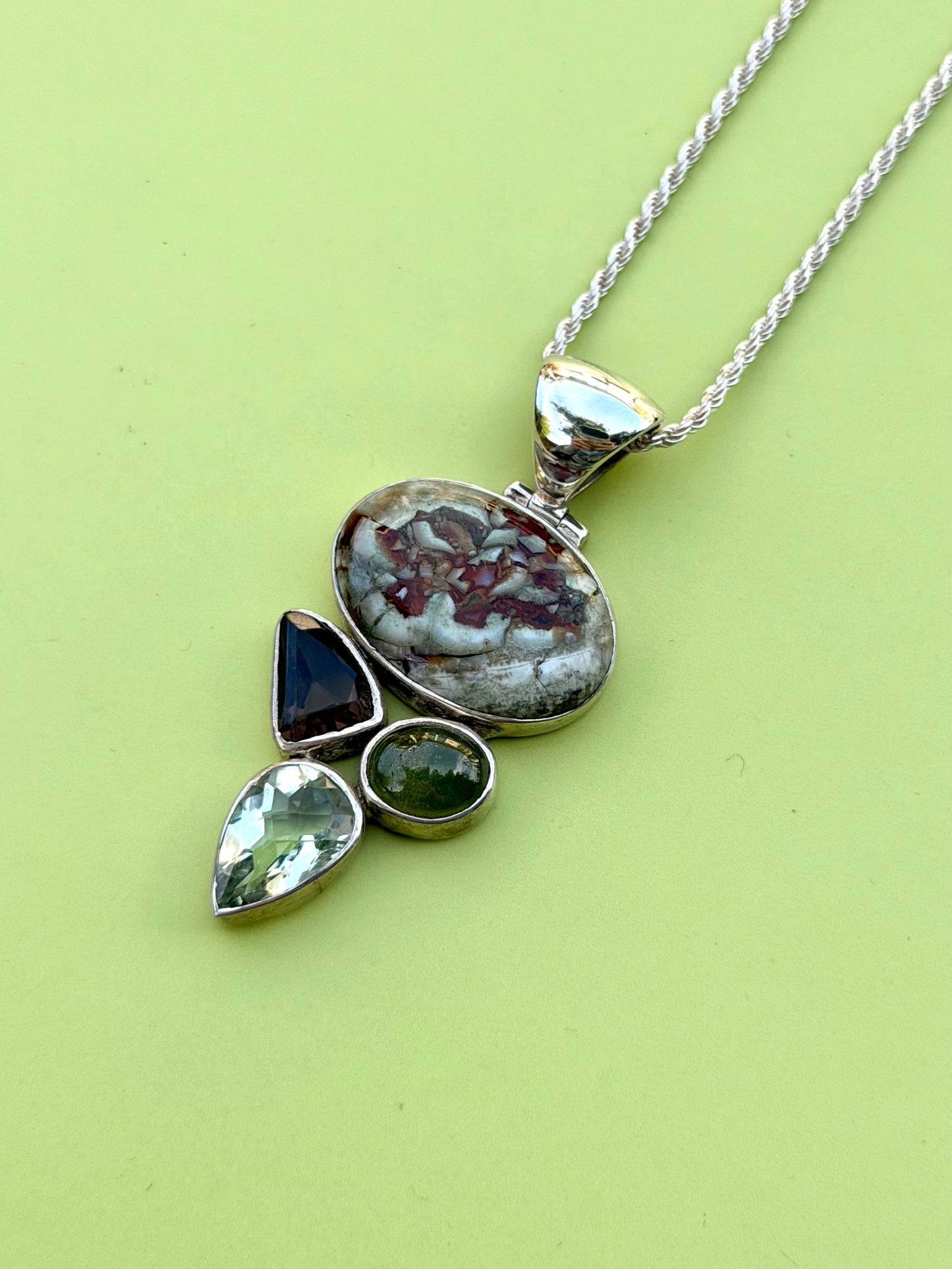 Rainforest Jasper, Green Amethyst, Smokey Quartz & Green Tourmaline Multistone Necklace