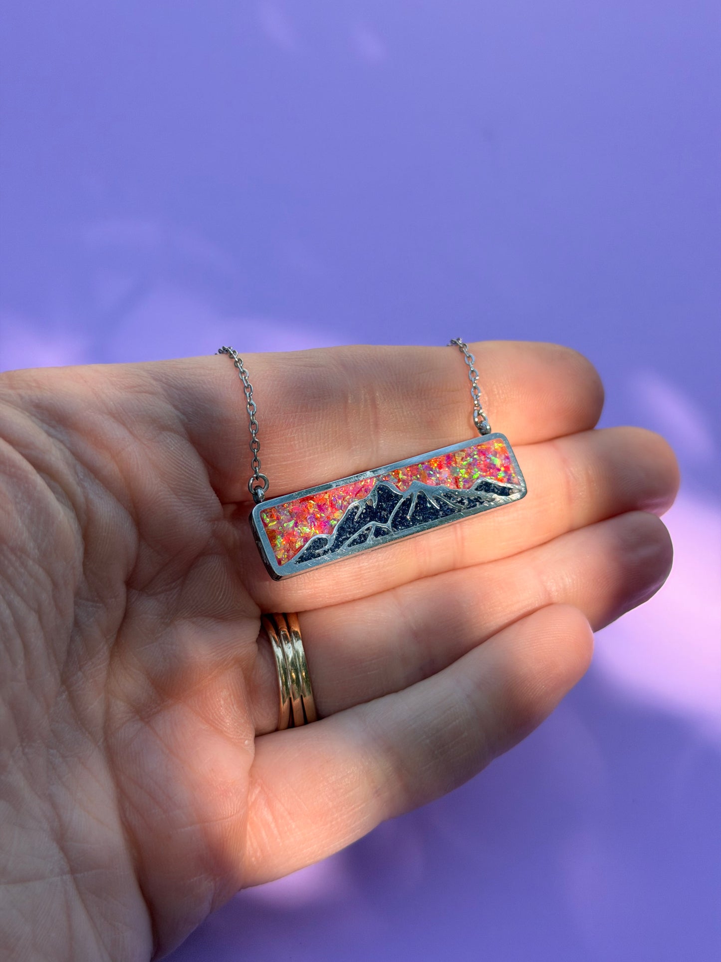 Inlaid Mountainscape with Goldstone, Diamond Dust & Sunset Opal Mix