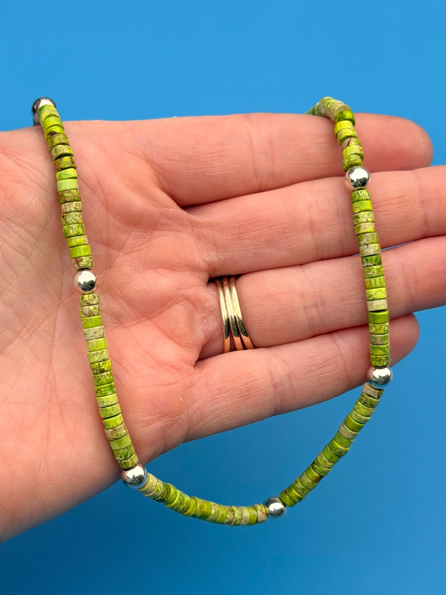 Green Mojave Turquoise Heishi & Sterling Silver Strand