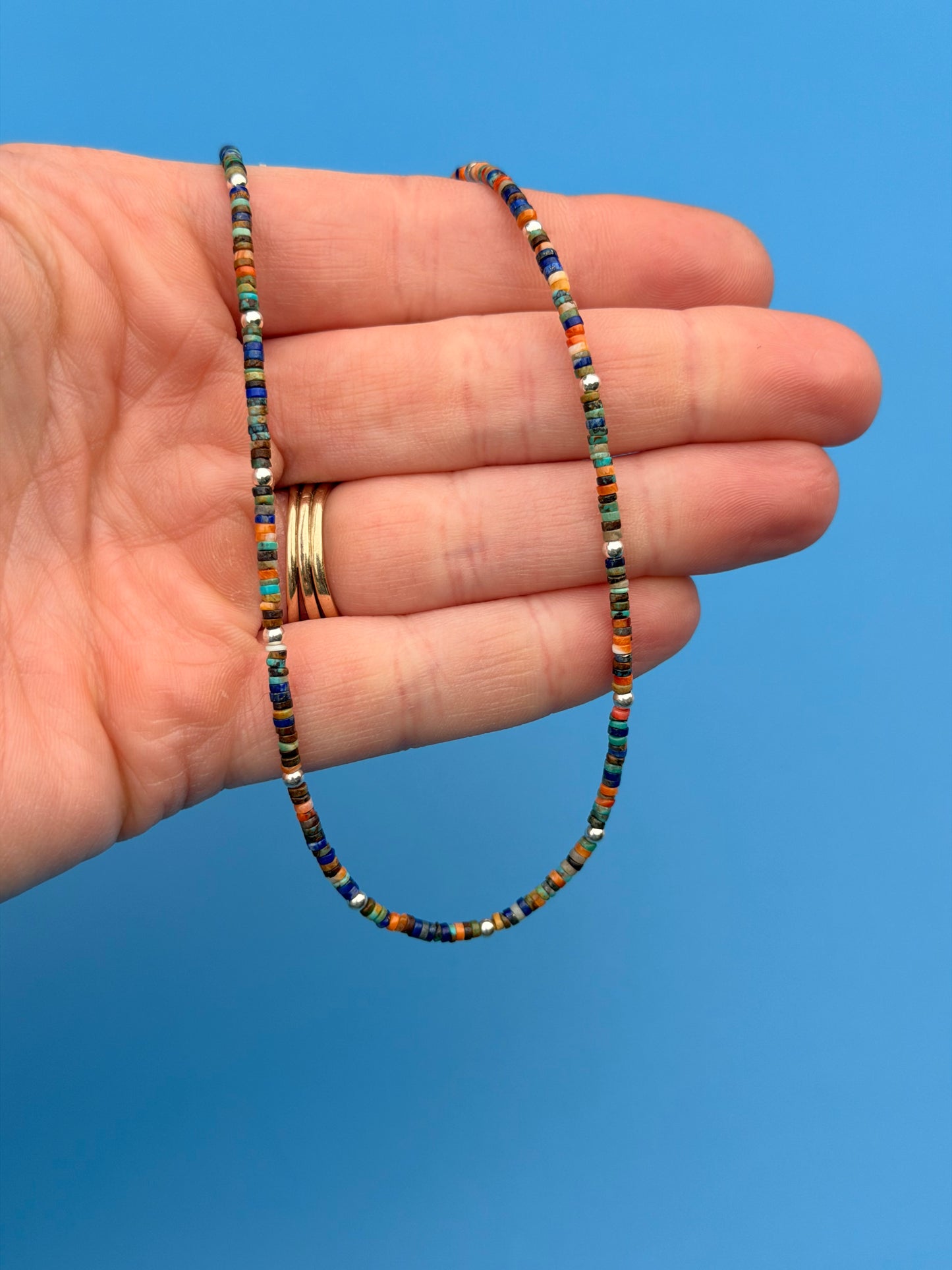 Lapis, Spiny Oyster, Turquoise & Sterling Silver Strand