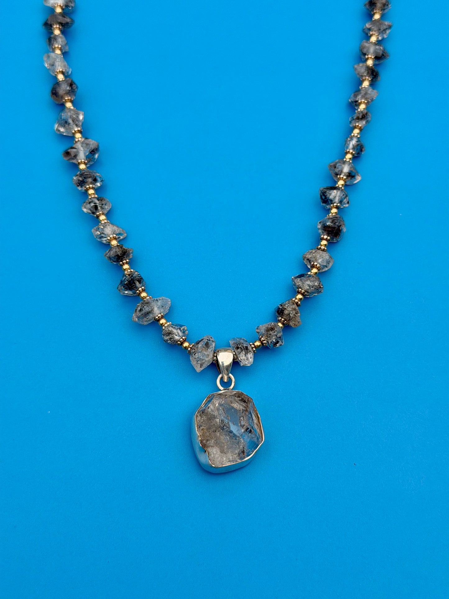 Goldfilled Salt & Pepper Chunky Herkimer Diamond Strand With Sterling Silver Herkimer Diamond Pendant