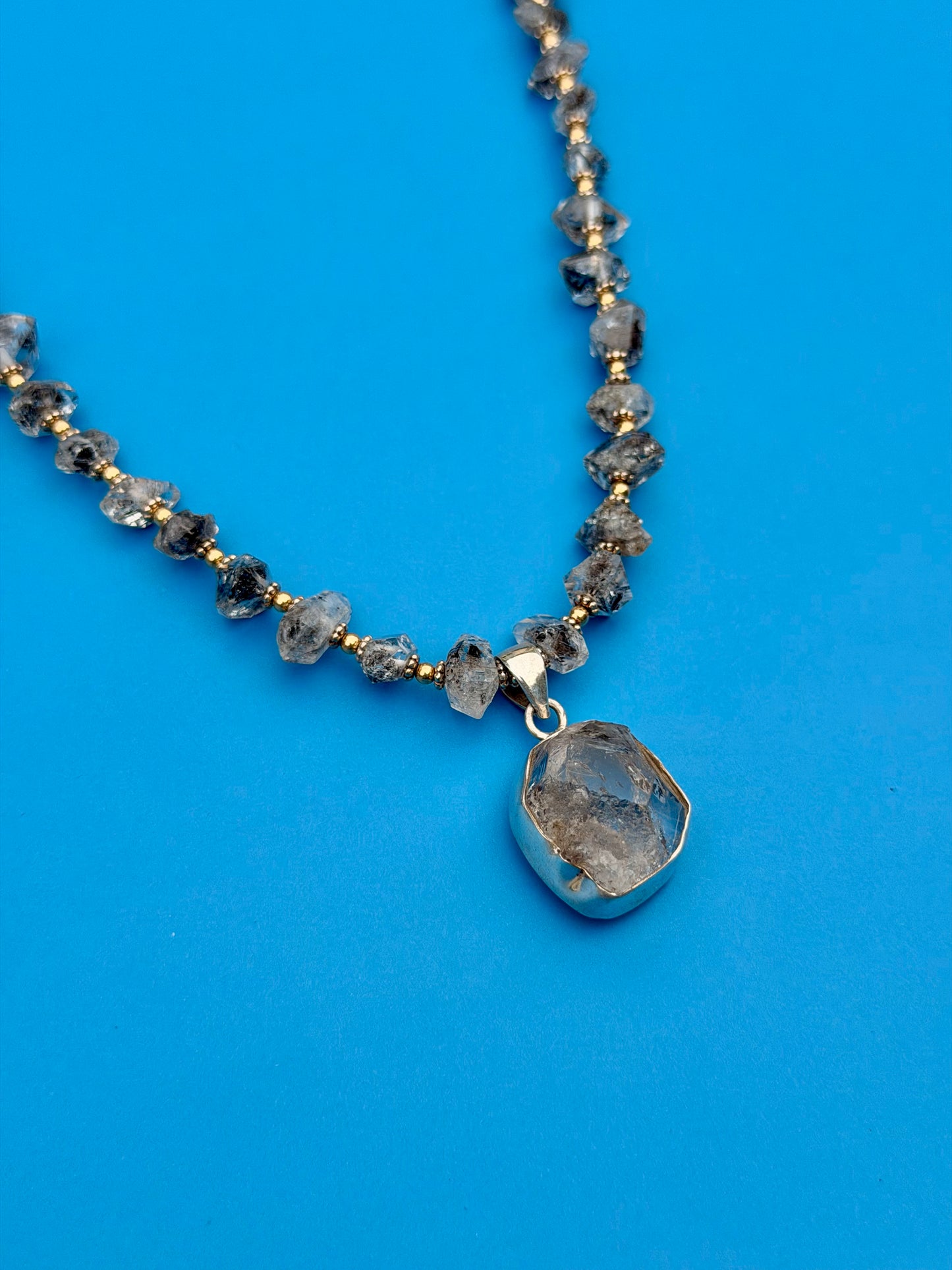 Goldfilled Salt & Pepper Chunky Herkimer Diamond Strand With Sterling Silver Herkimer Diamond Pendant